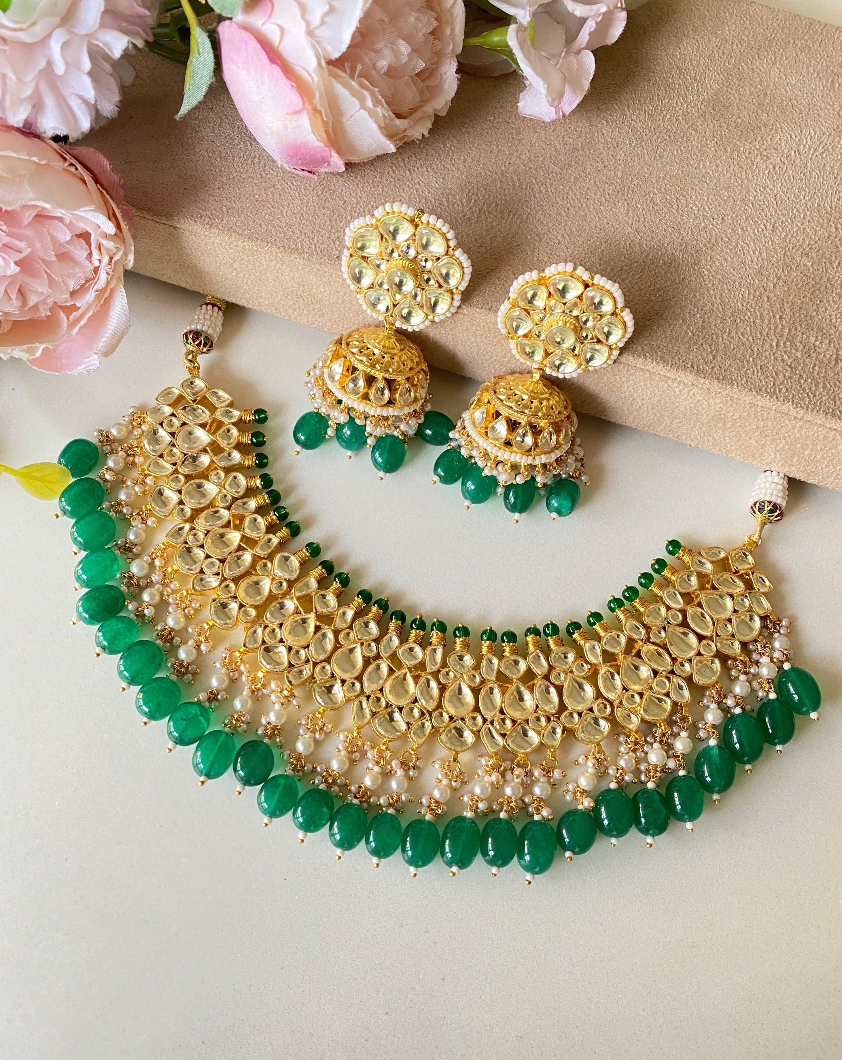 Kundan Gold plated Necklace Set in Green Drops