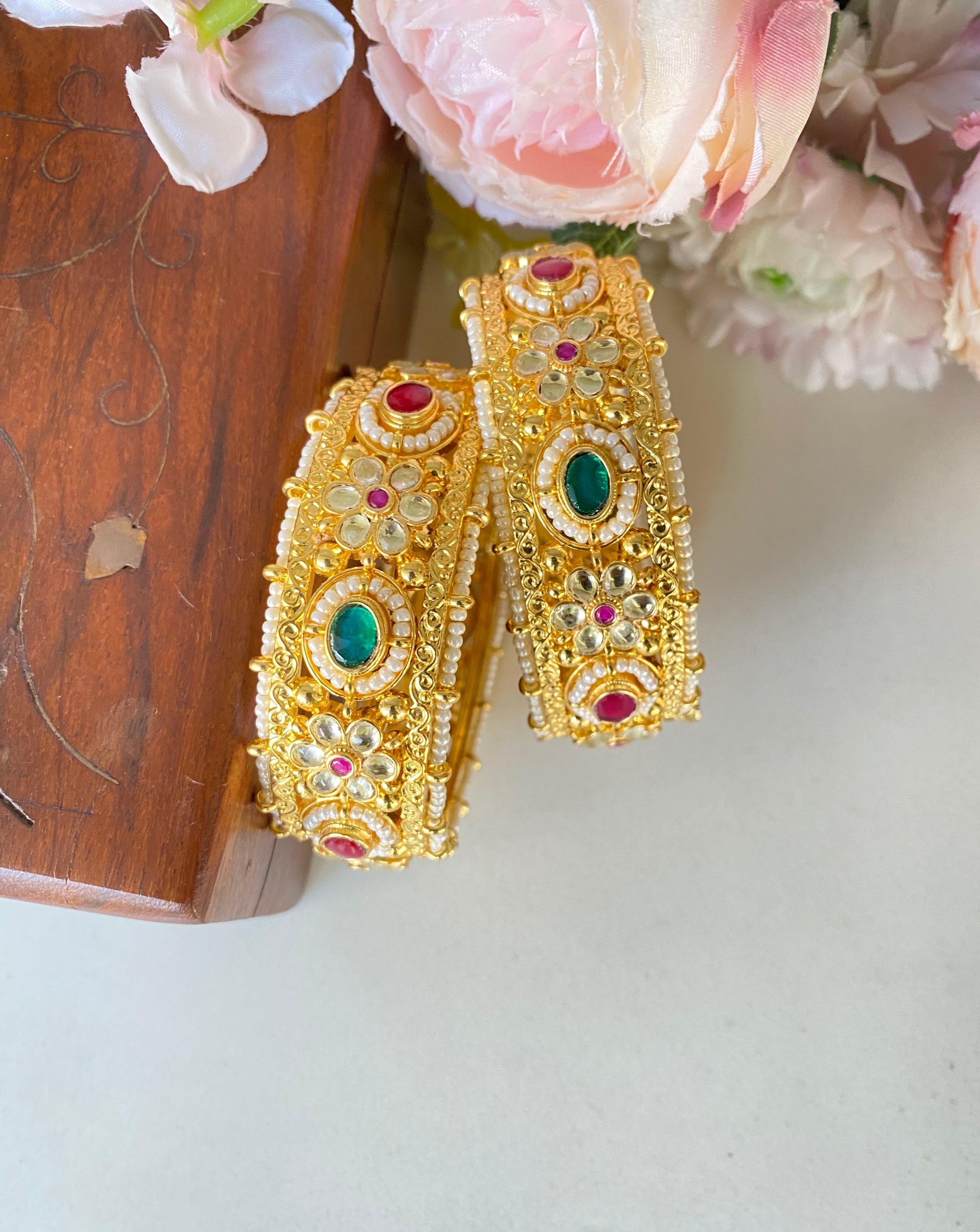 Gold Plated Pink and Green kundan bangles