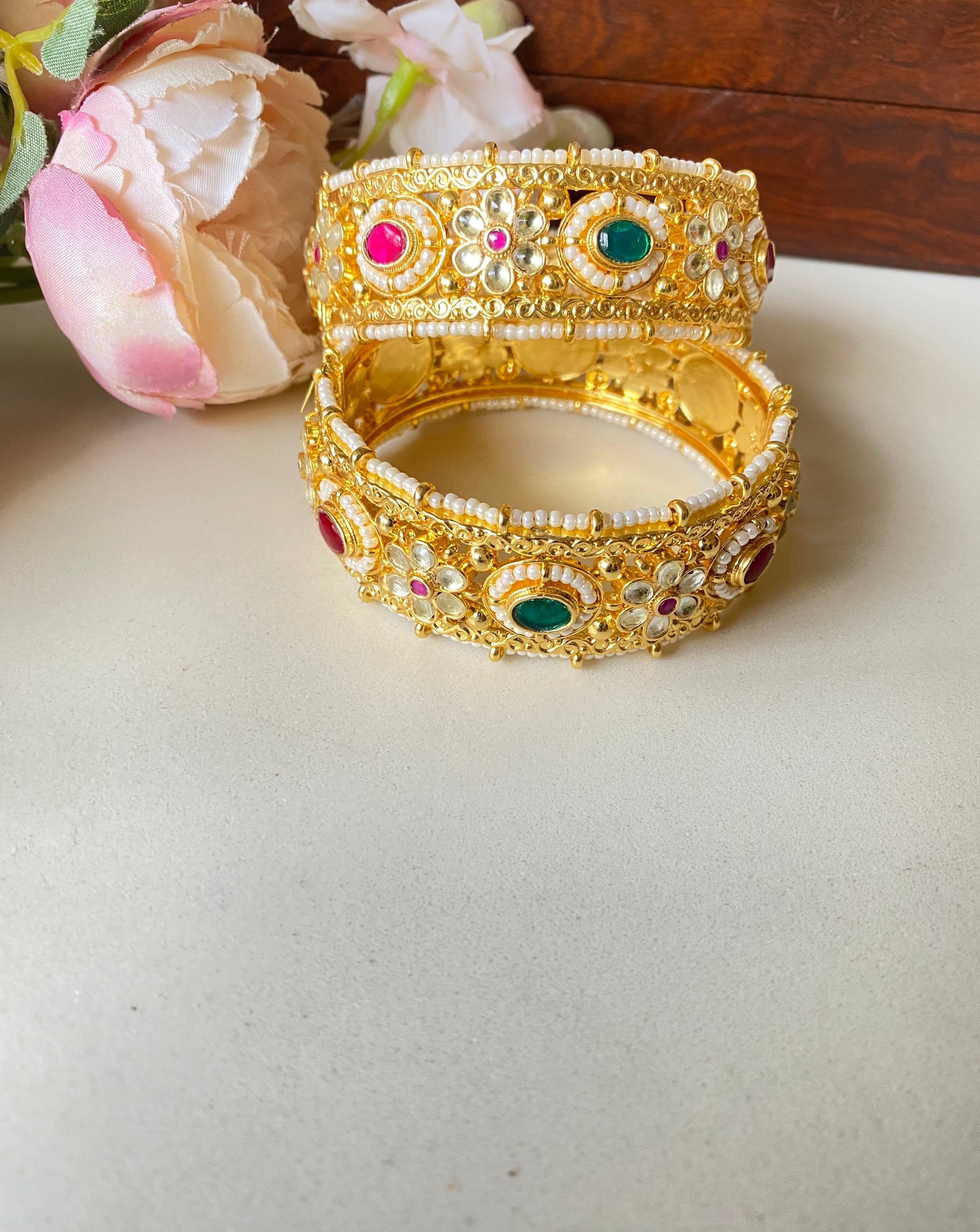 Gold Plated Pink and Green kundan bangles