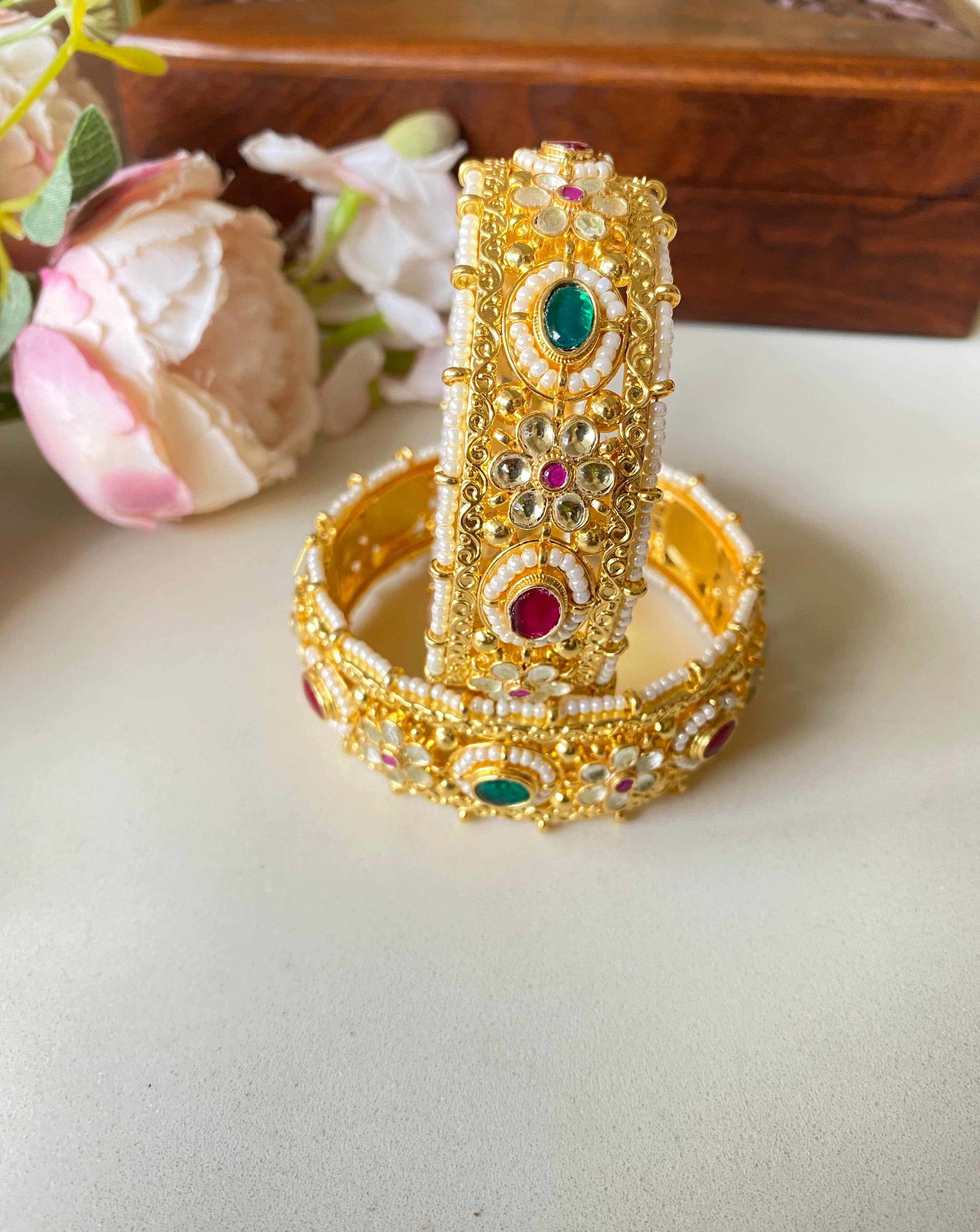 Gold Plated Pink and Green kundan bangles