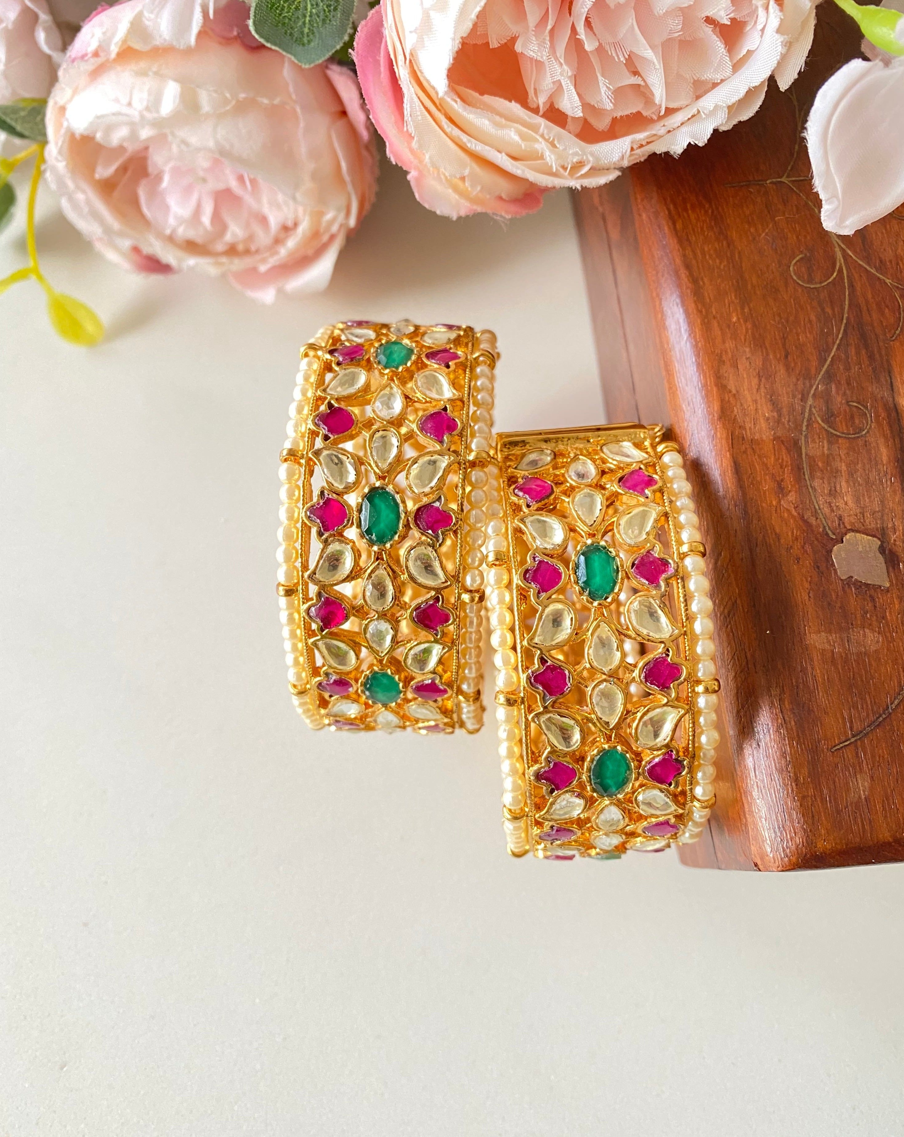 Gold Plated Pink and Green Kundan Bangle