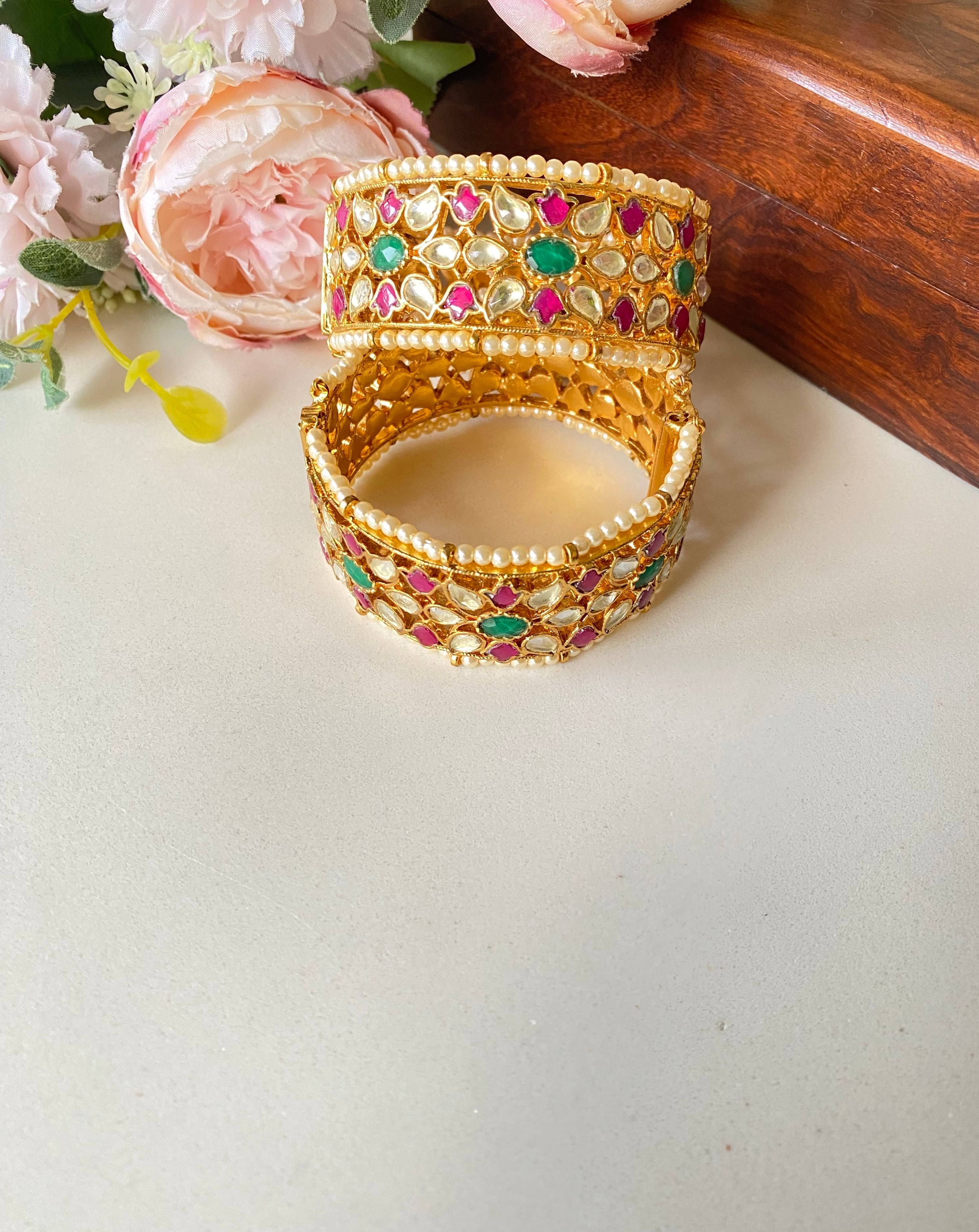 Gold Plated Pink and Green Kundan Bangle
