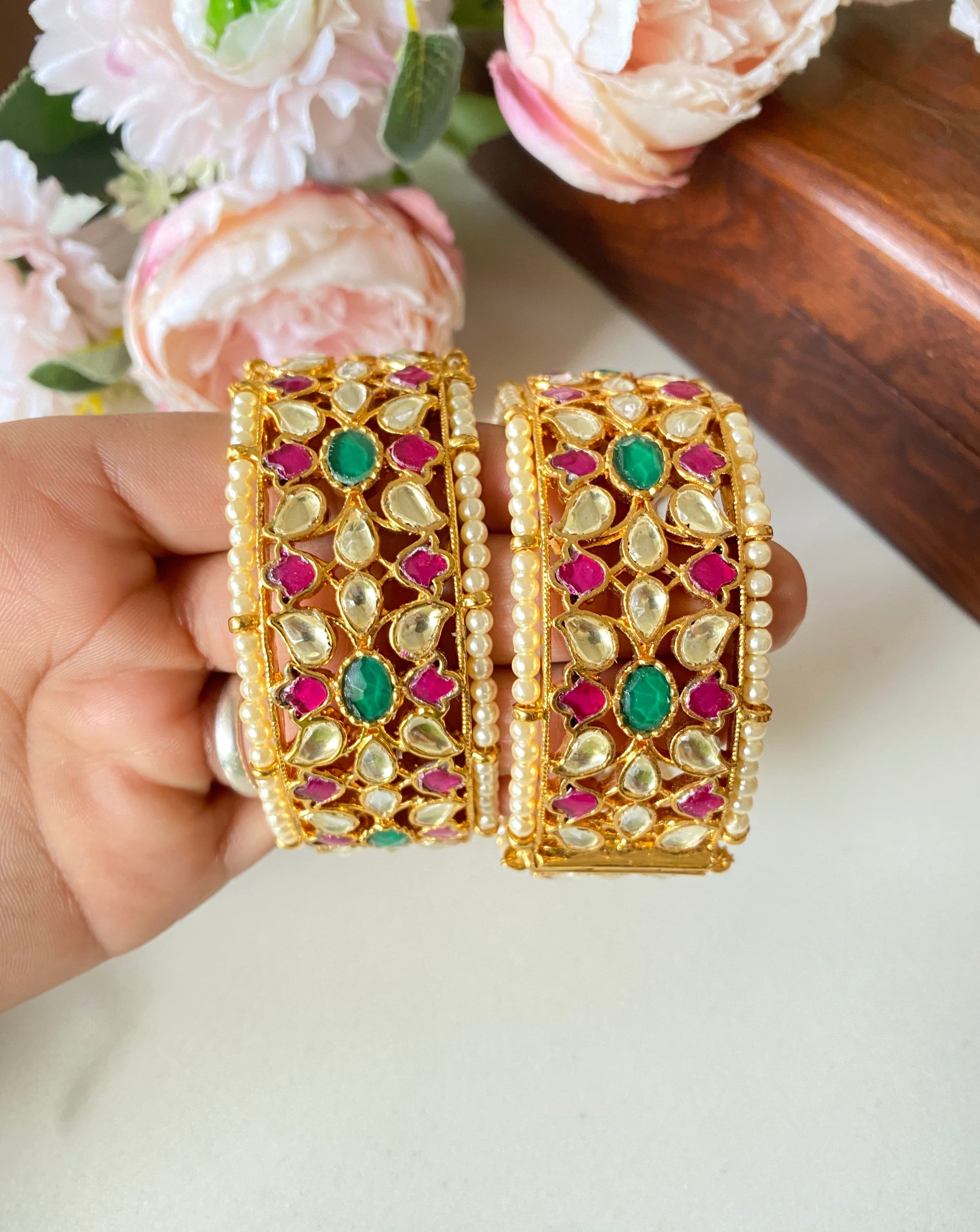 Gold Plated Pink and Green Kundan Bangle