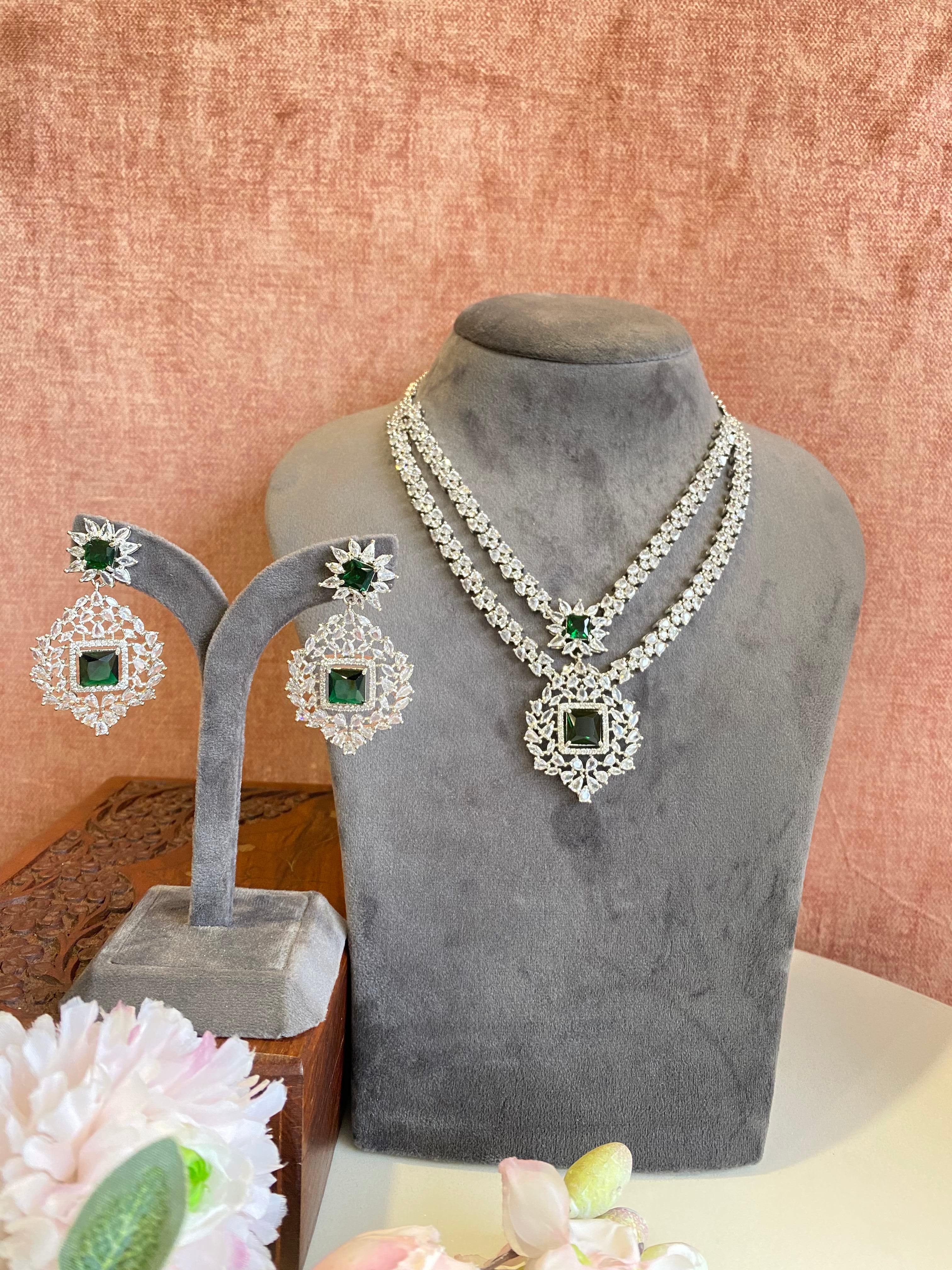 Silver Plated Emerald Diamond Long Necklace set