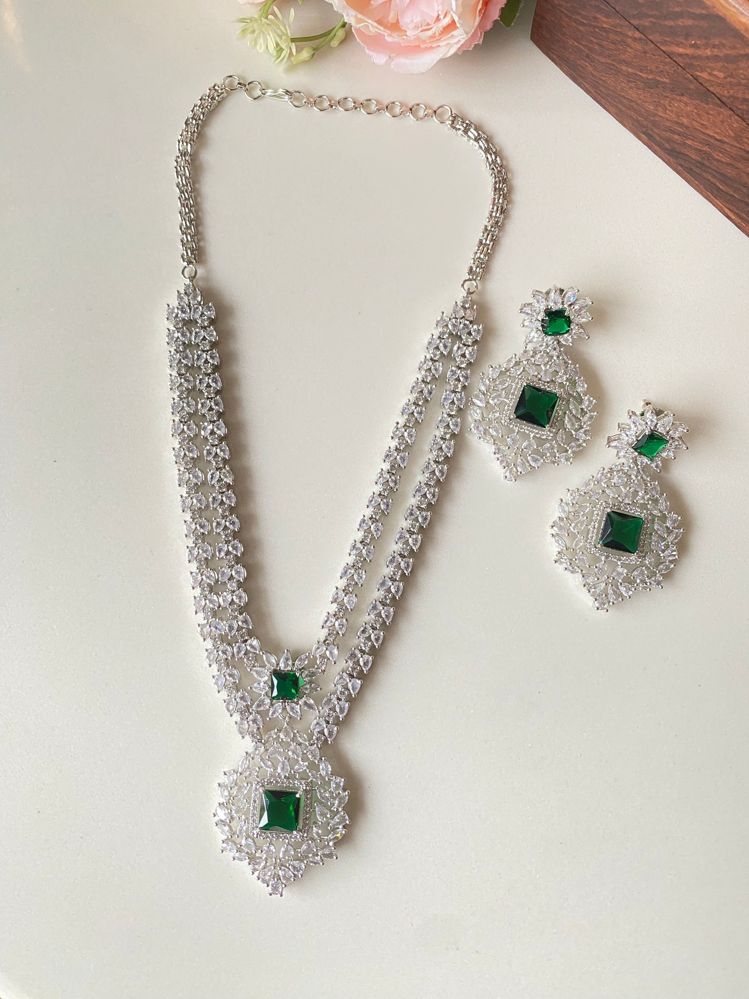Silver Plated Emerald Diamond Long Necklace set