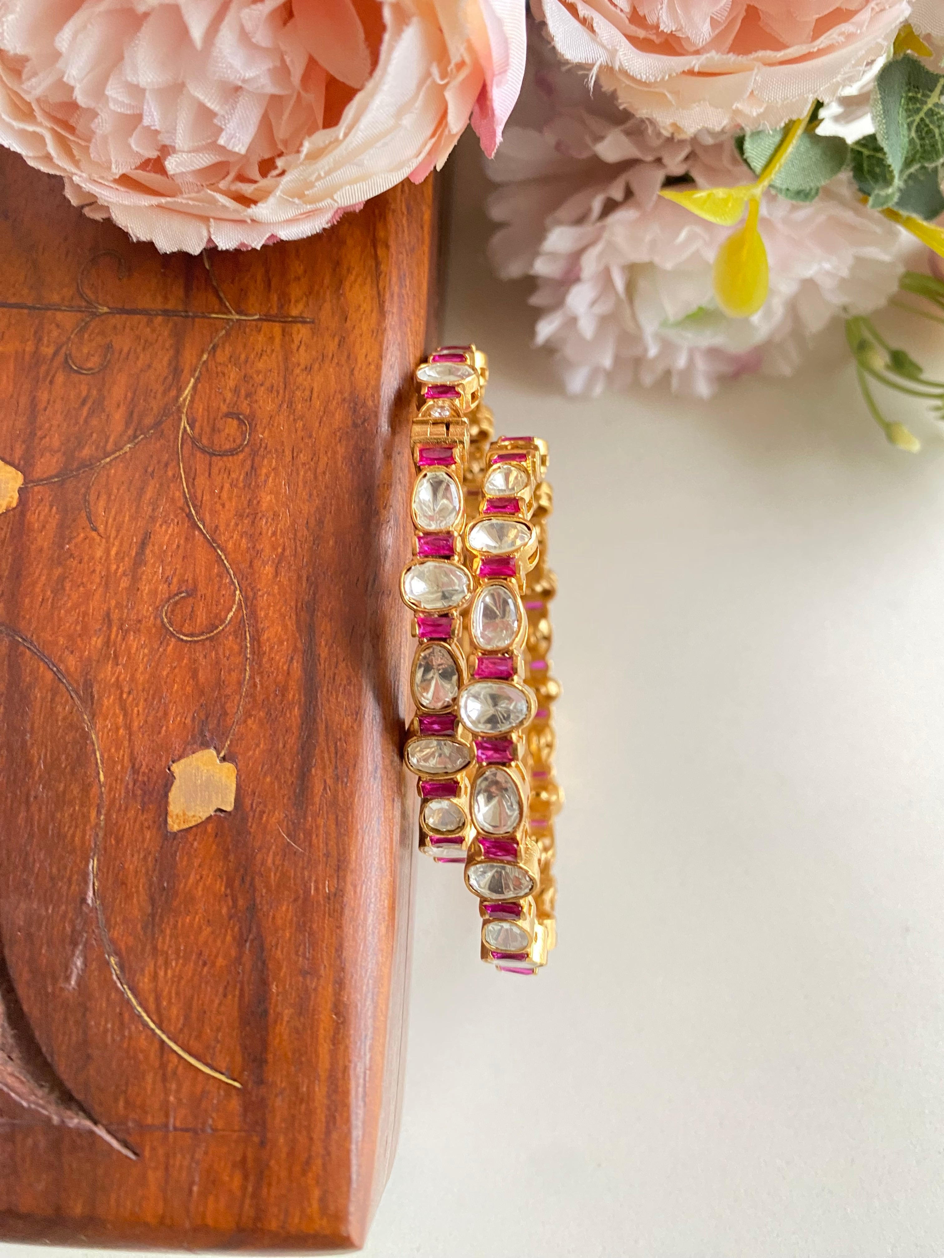 Gold Plated Pink Kundan Bangle Pair
