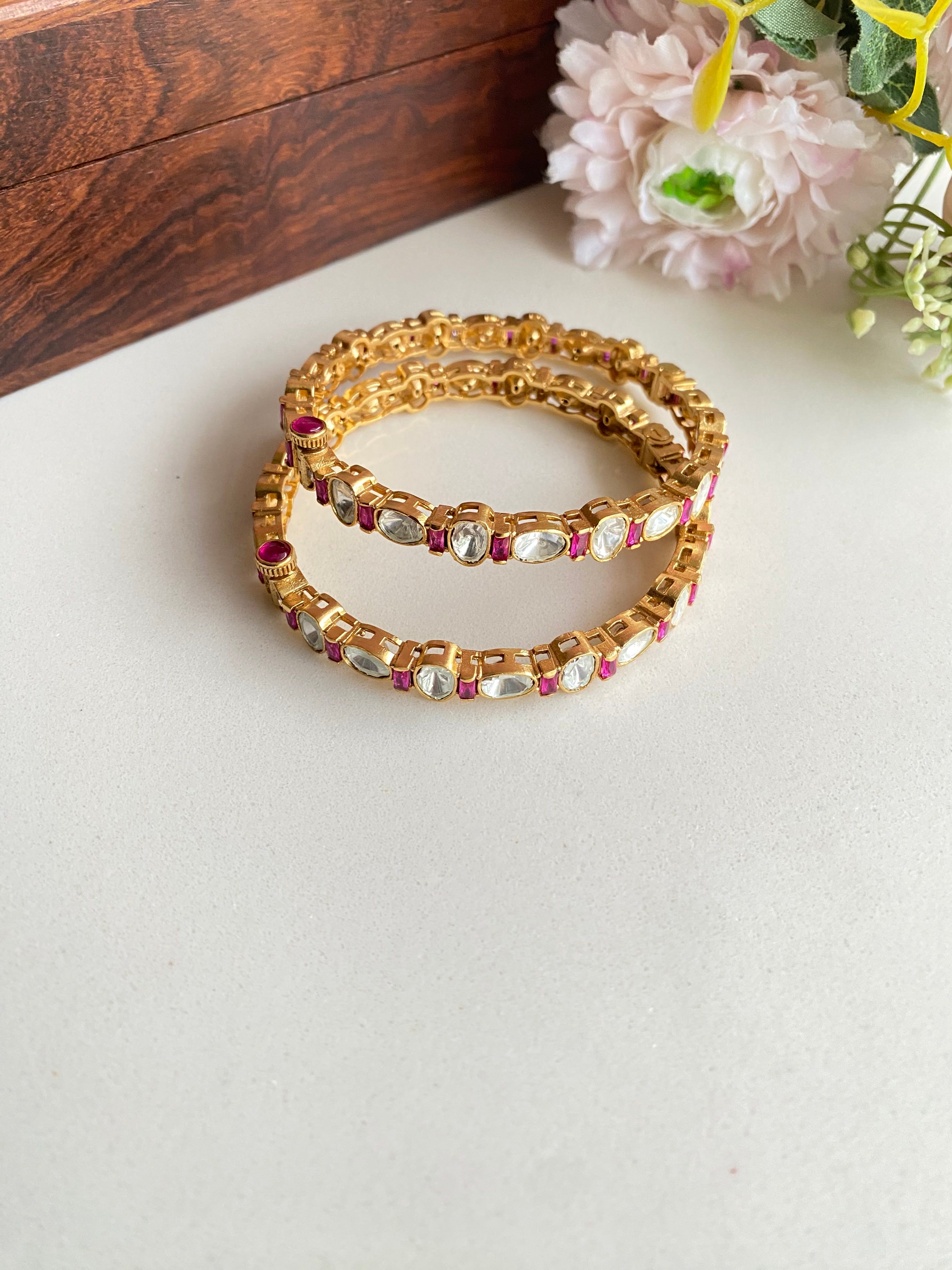 Gold Plated Pink Kundan Bangle Pair