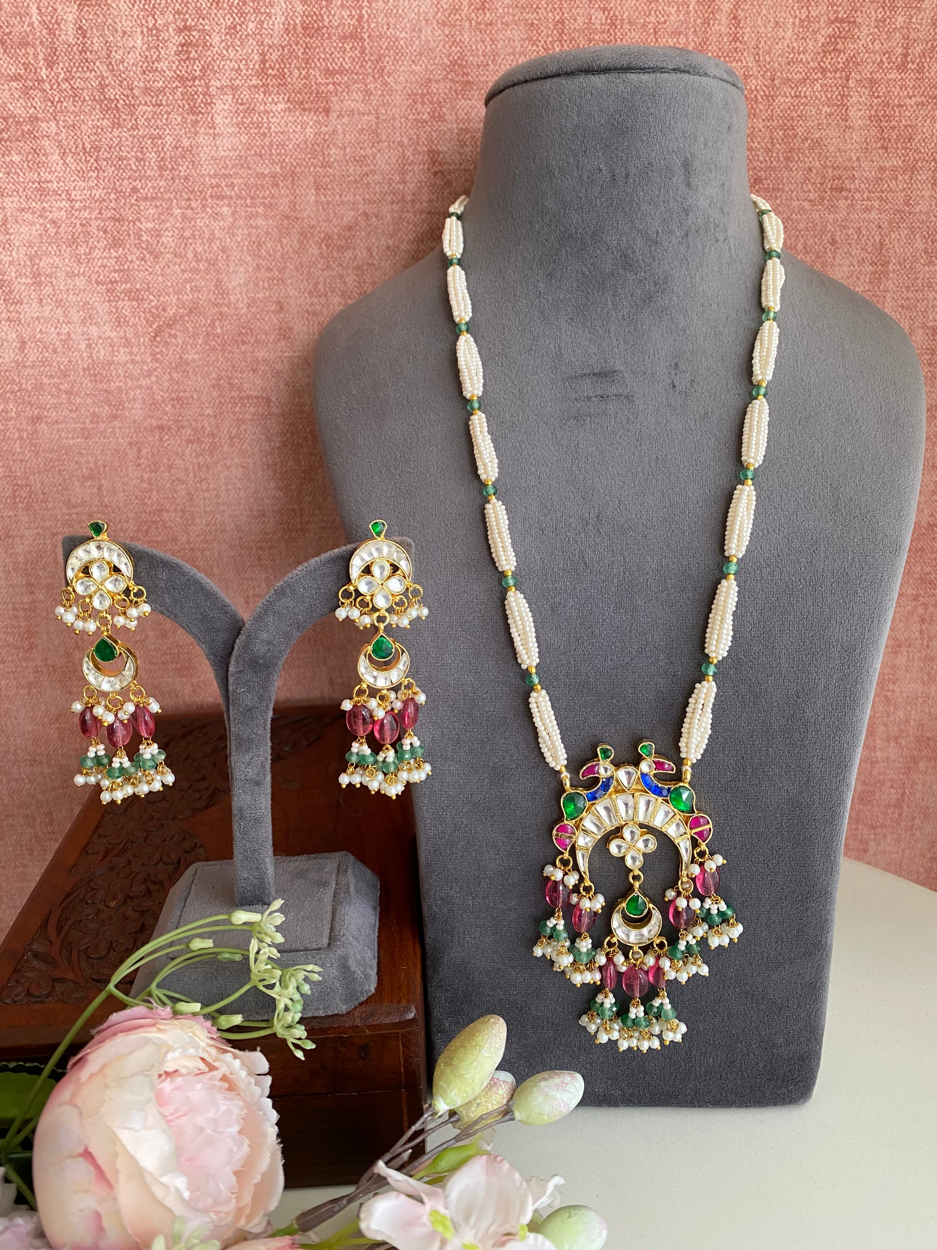 Gold Plated Pink Green Kundan Long set
