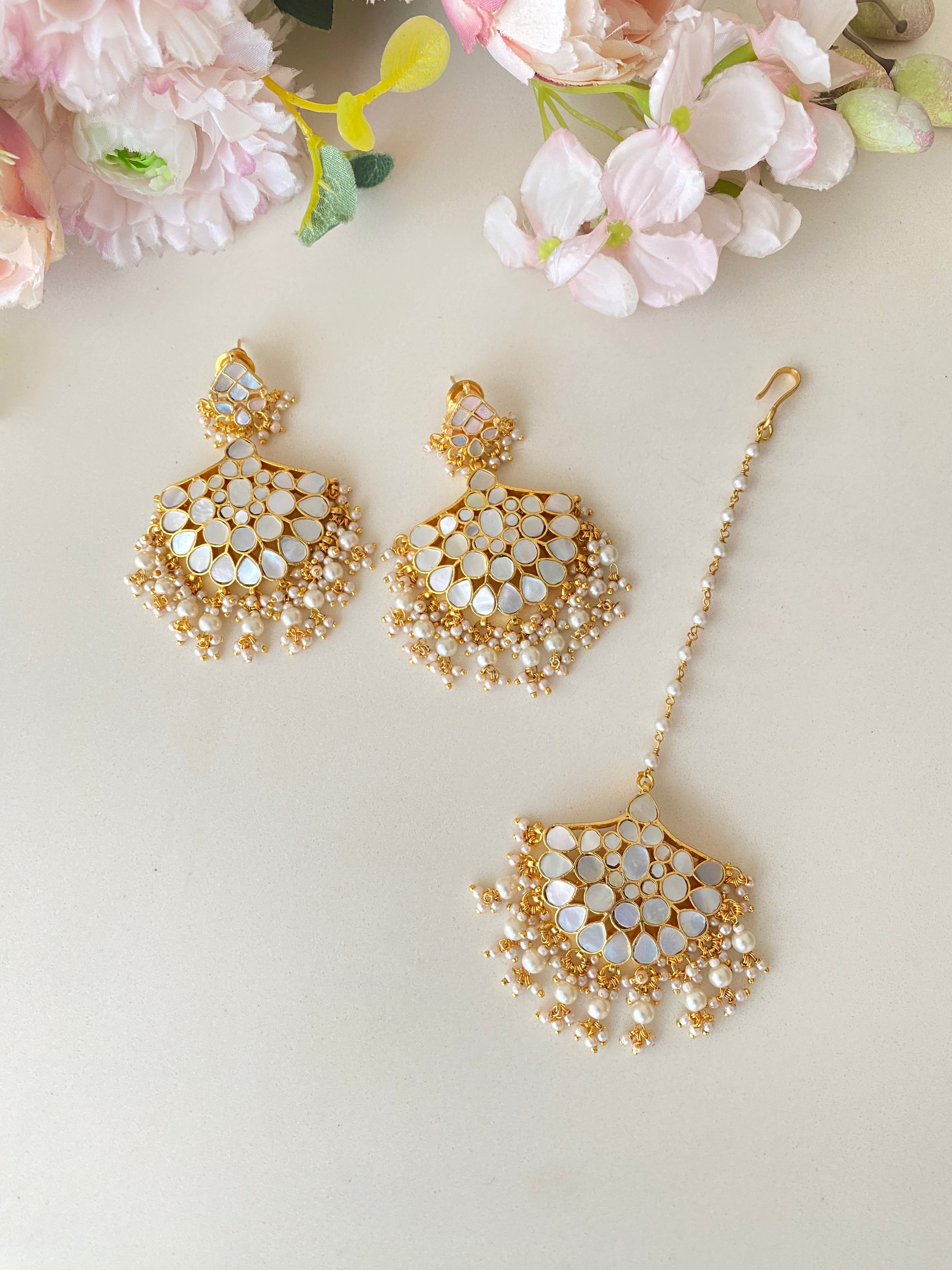 Mother of pearl earrings and Tikka set
