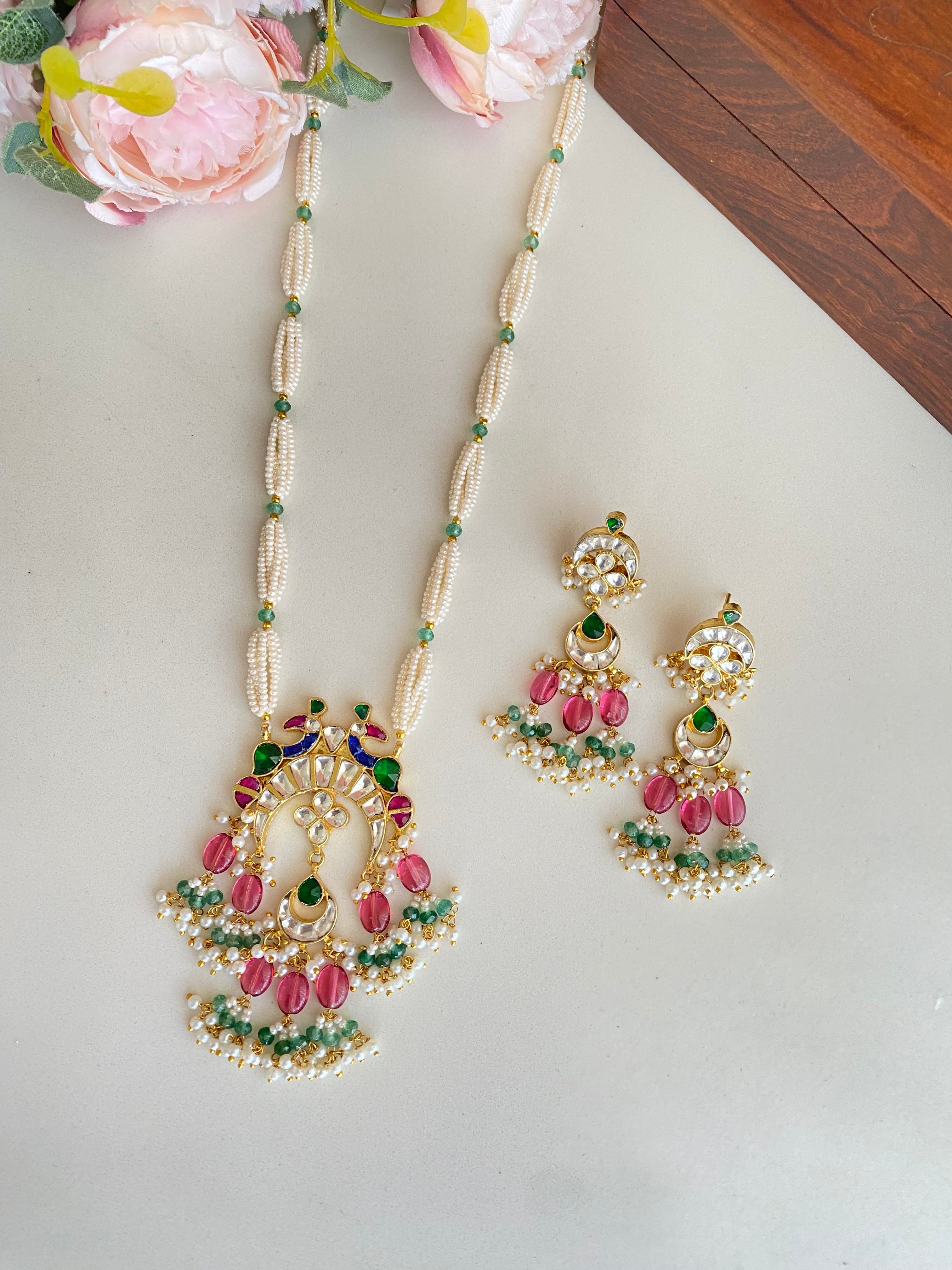 Gold Plated Pink Green Kundan Long set