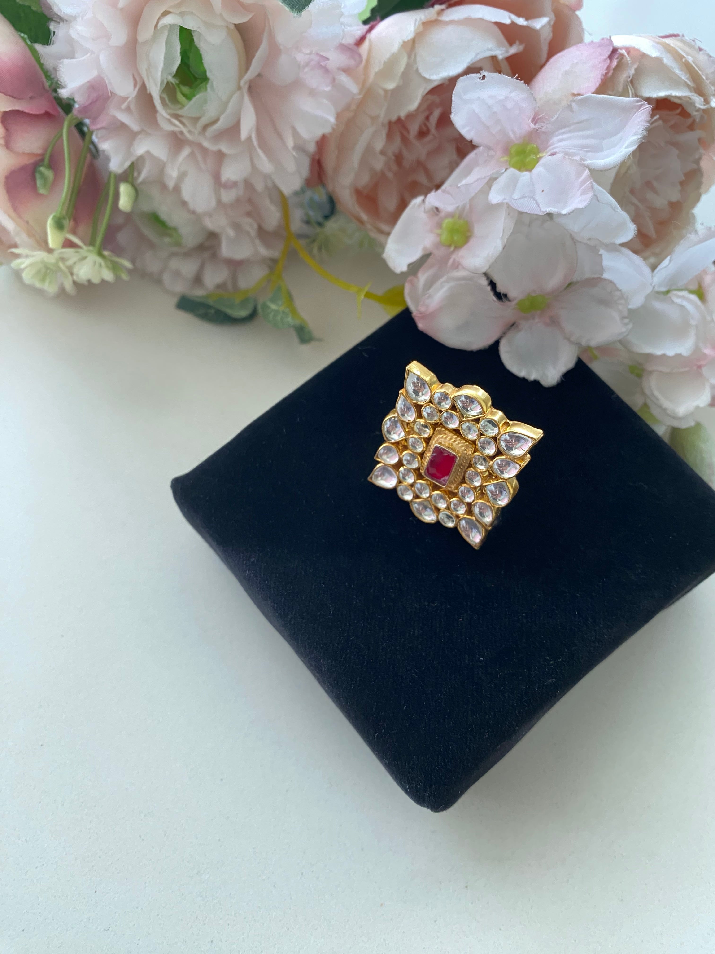 Gold plated Square Kundan Ring