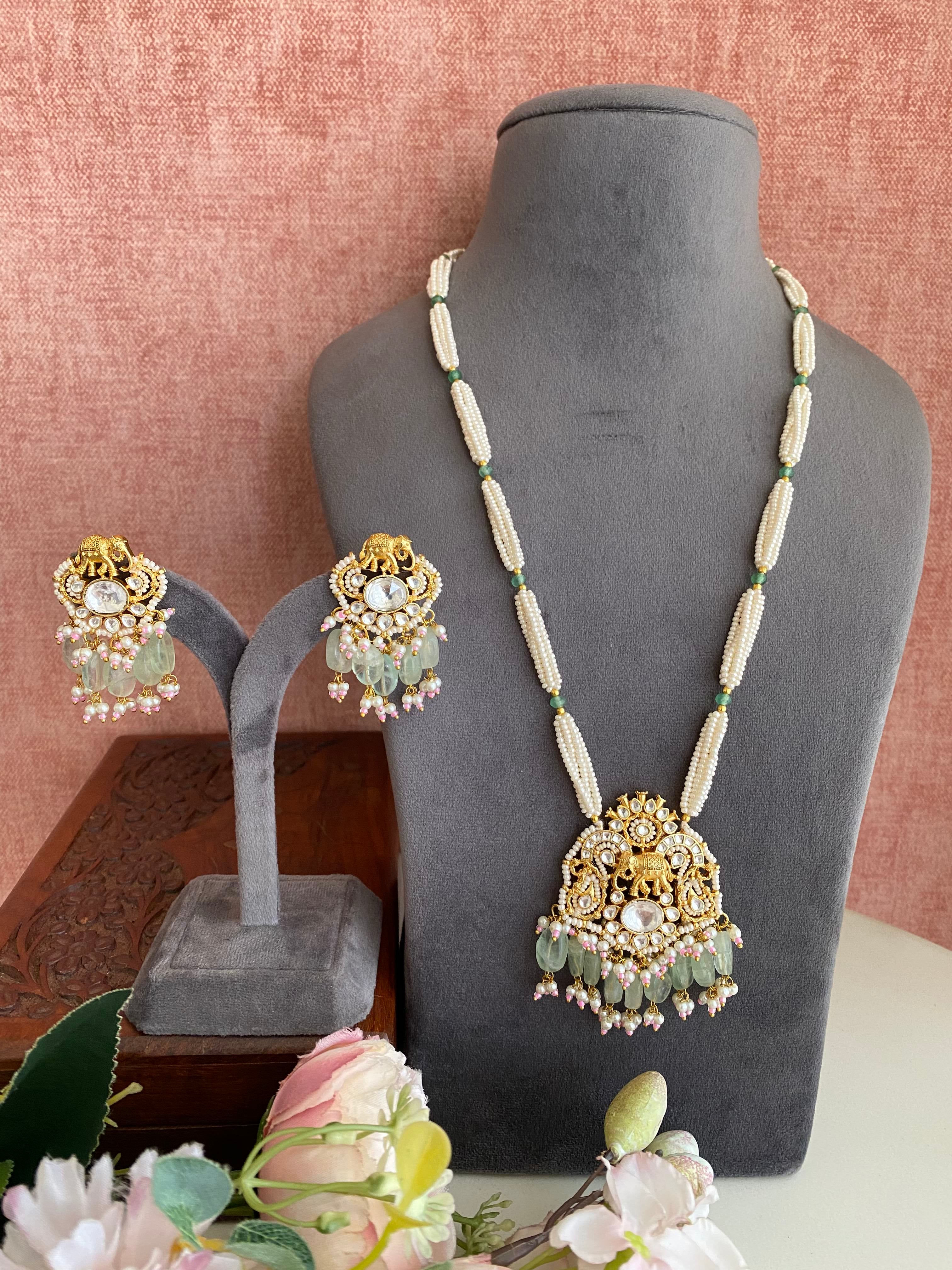 Gold Plated Kundan Long Necklace Set In Mint Drops