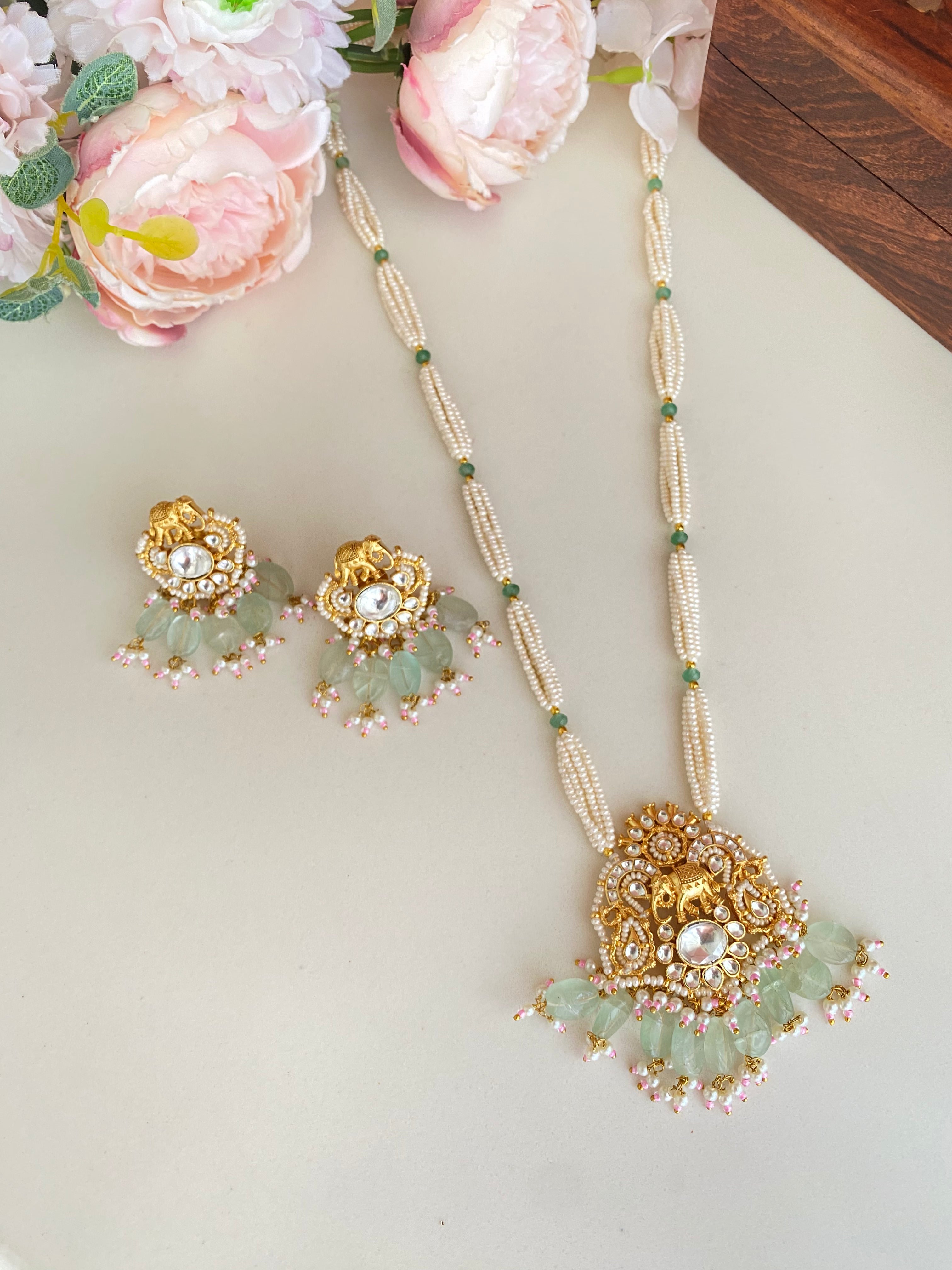 Gold Plated Kundan Long Necklace Set In Mint Drops