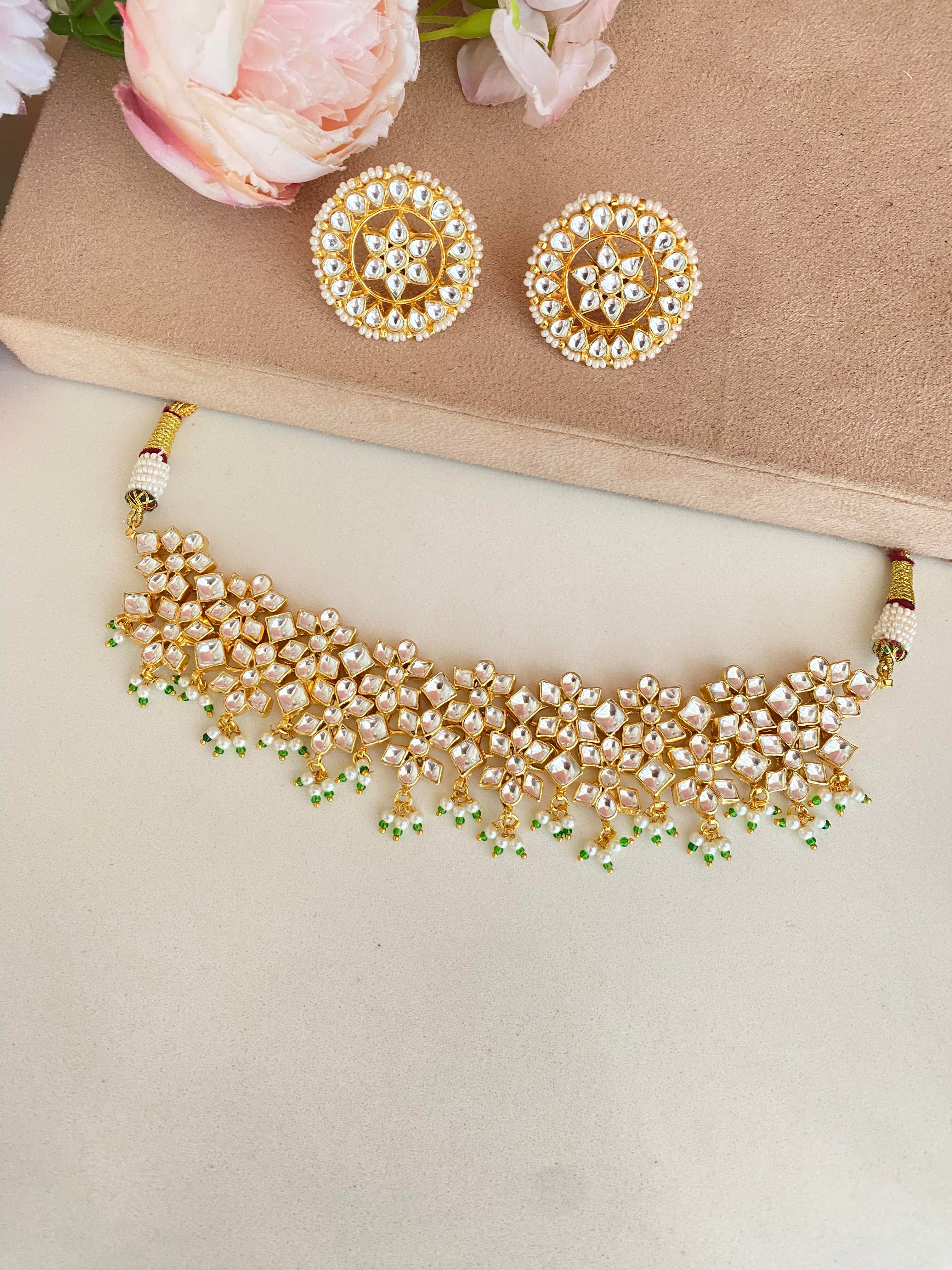 Gold plated Kundan Choker Set in Green Pearl