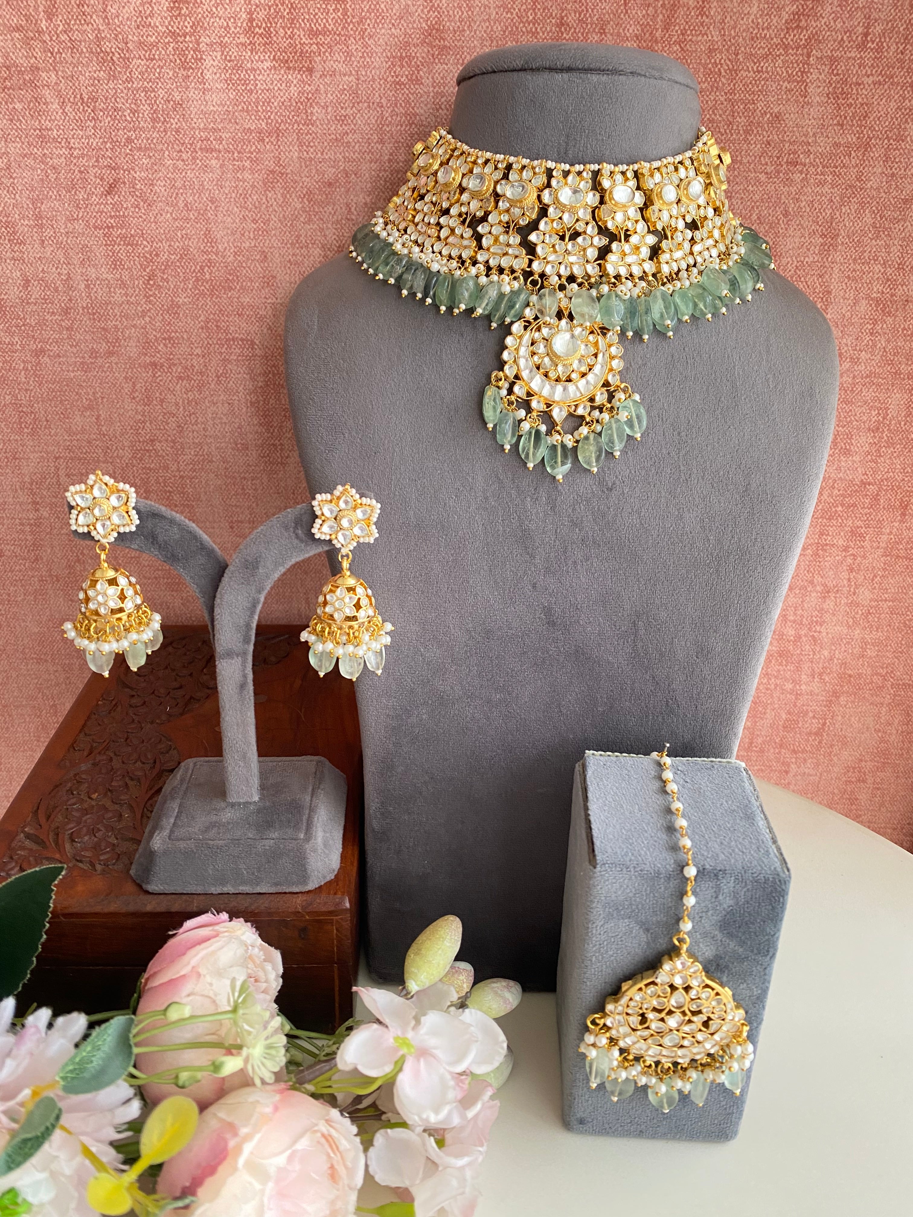 Kundan Bridal Necklace Set in Mint Drops