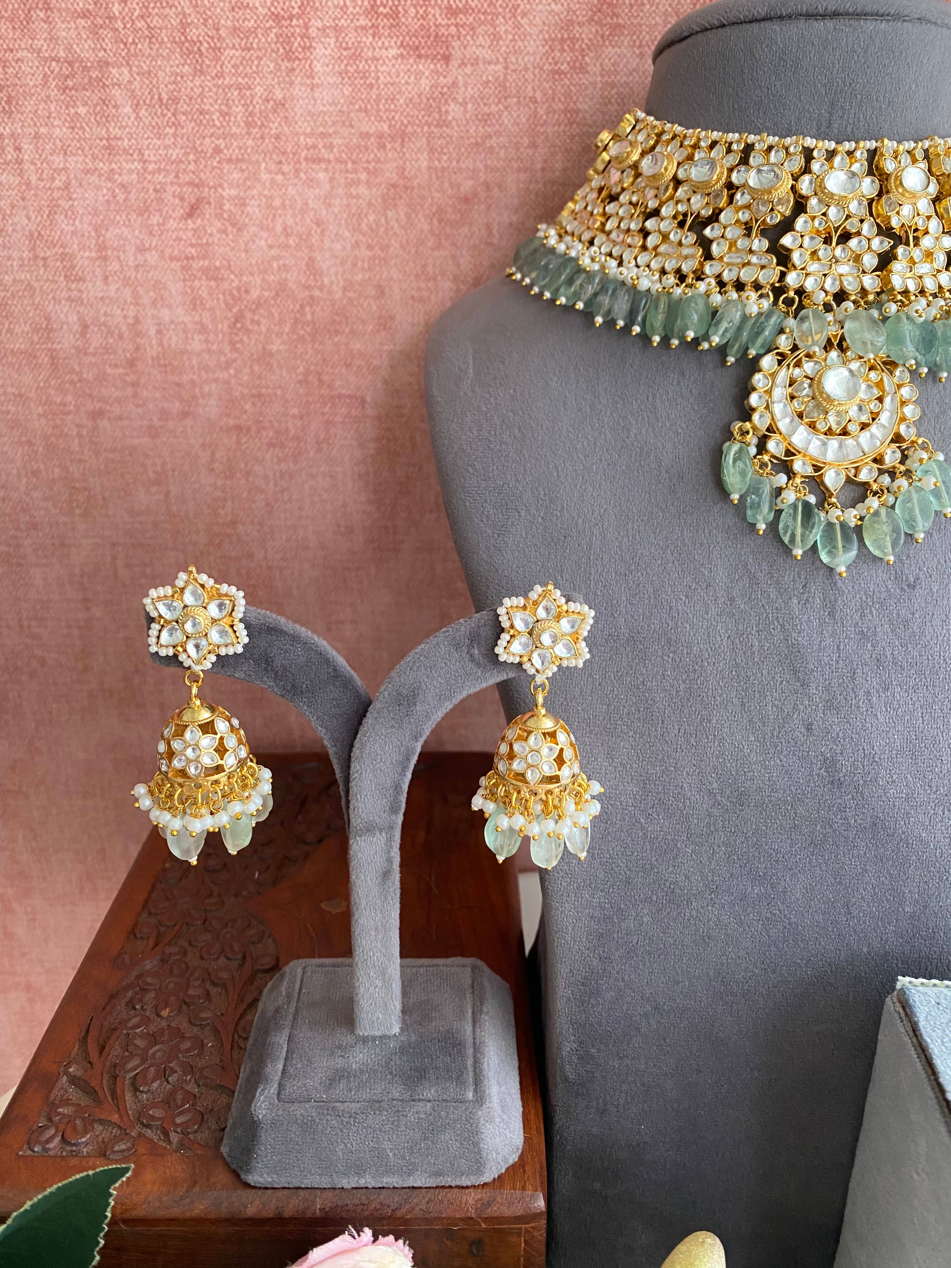 Kundan Bridal Necklace Set in Mint Drops