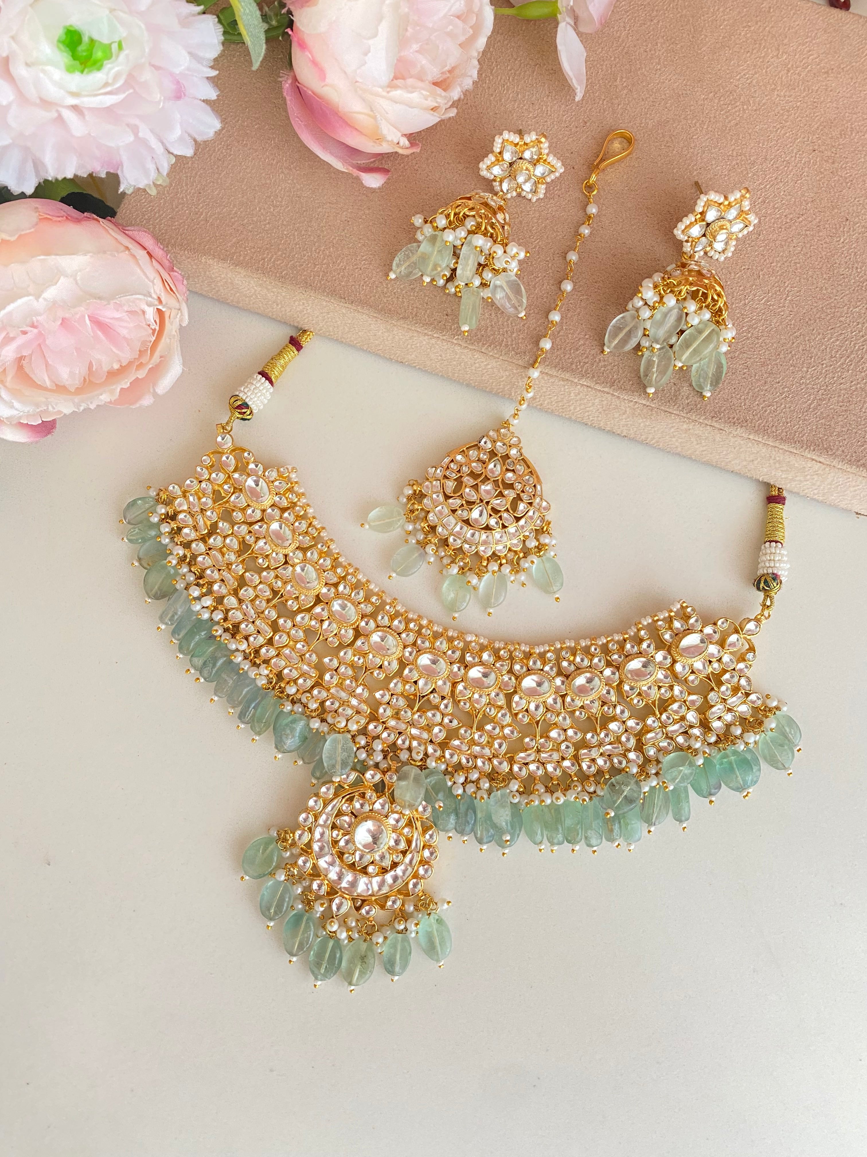 Kundan Bridal Necklace Set in Mint Drops