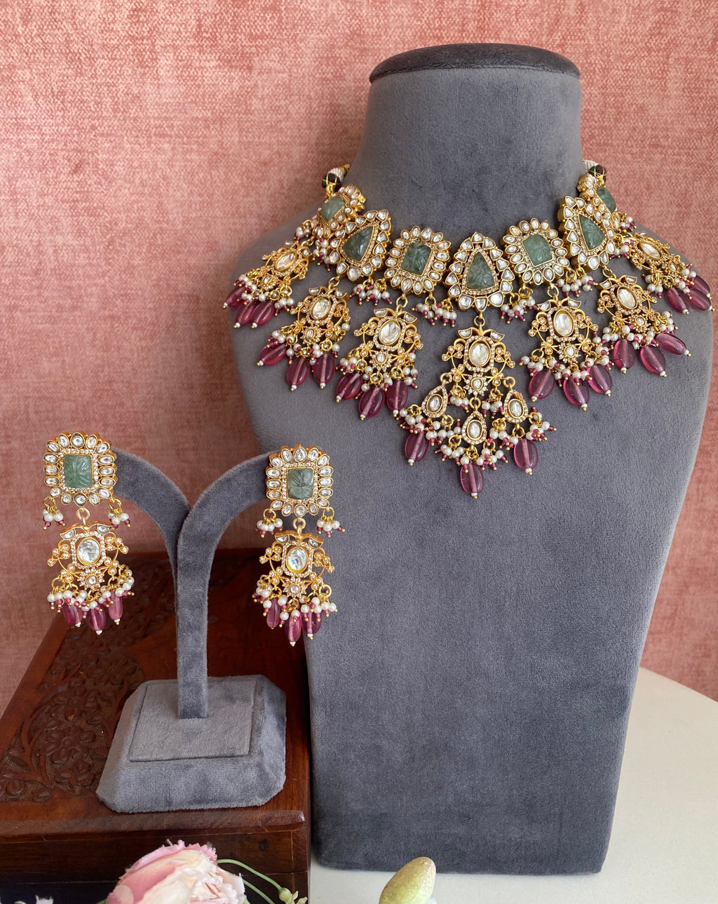 Kundan Bridal necklace set in pink drops