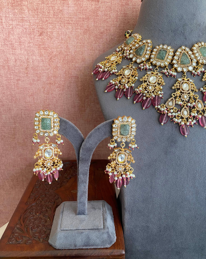 Kundan Bridal necklace set in pink drops