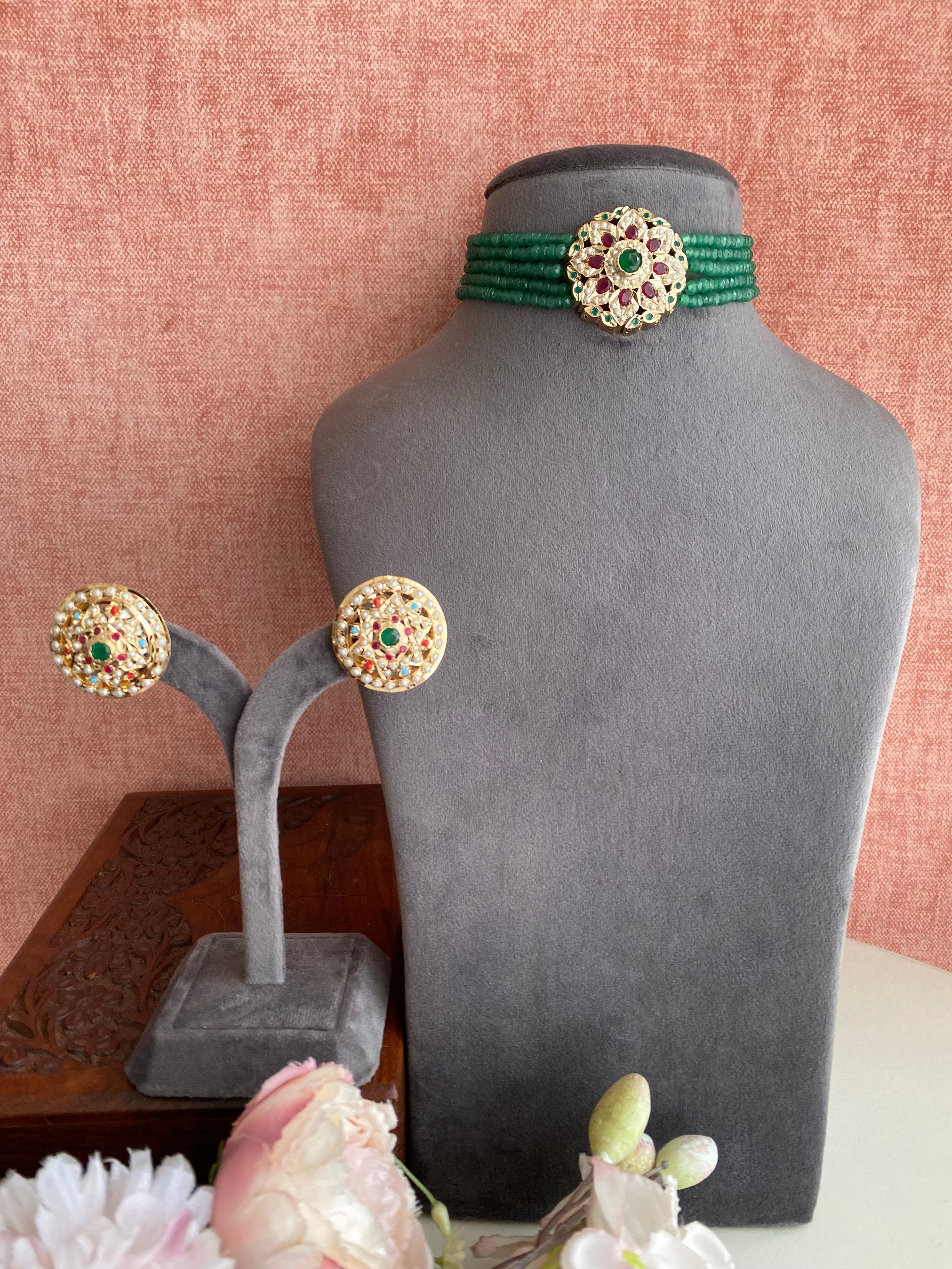 Amritsari Jadau Gold Plated Green Choker Set