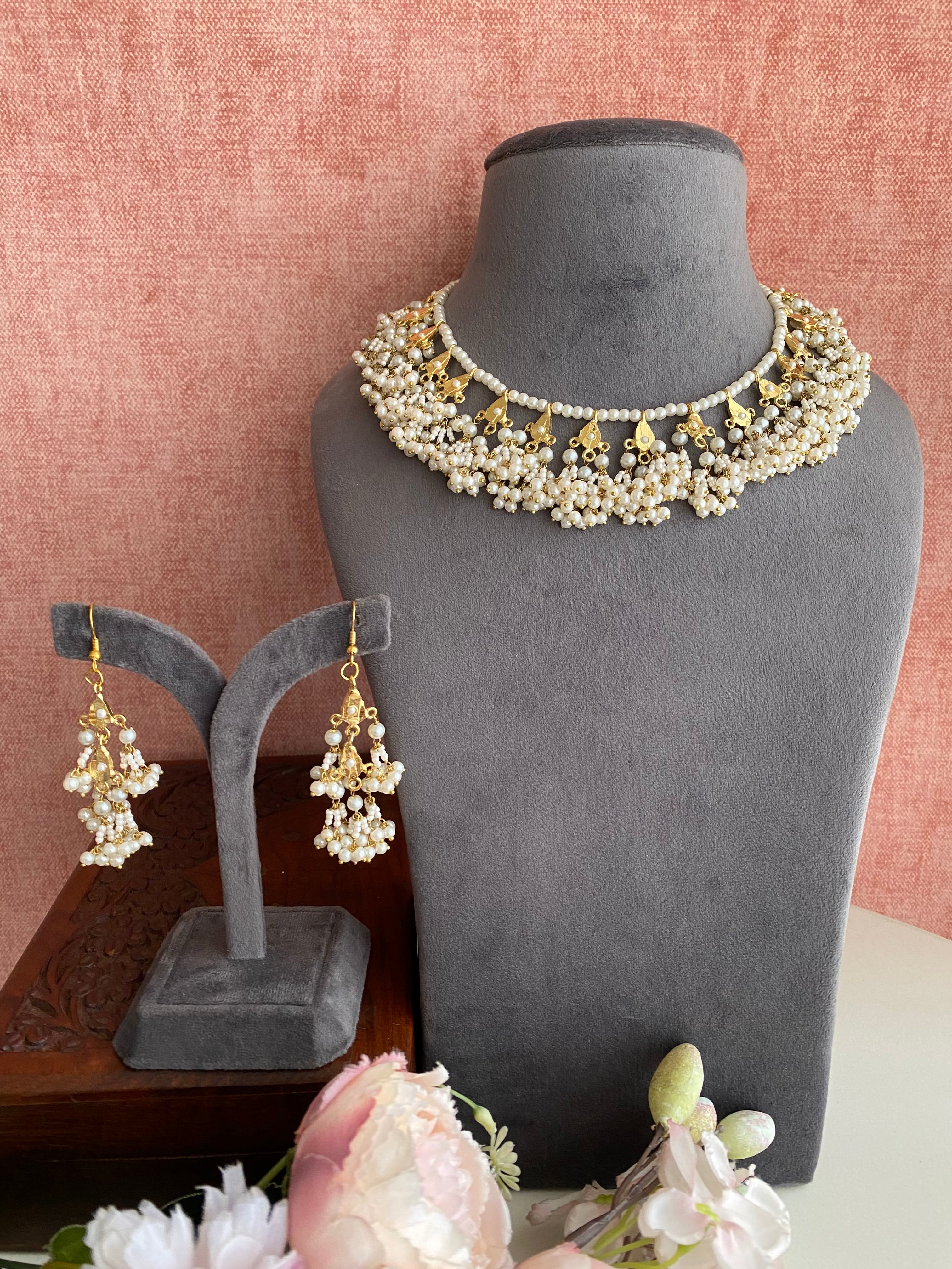 Amritsari Jadau Gold Plated Necklace set in Pearl