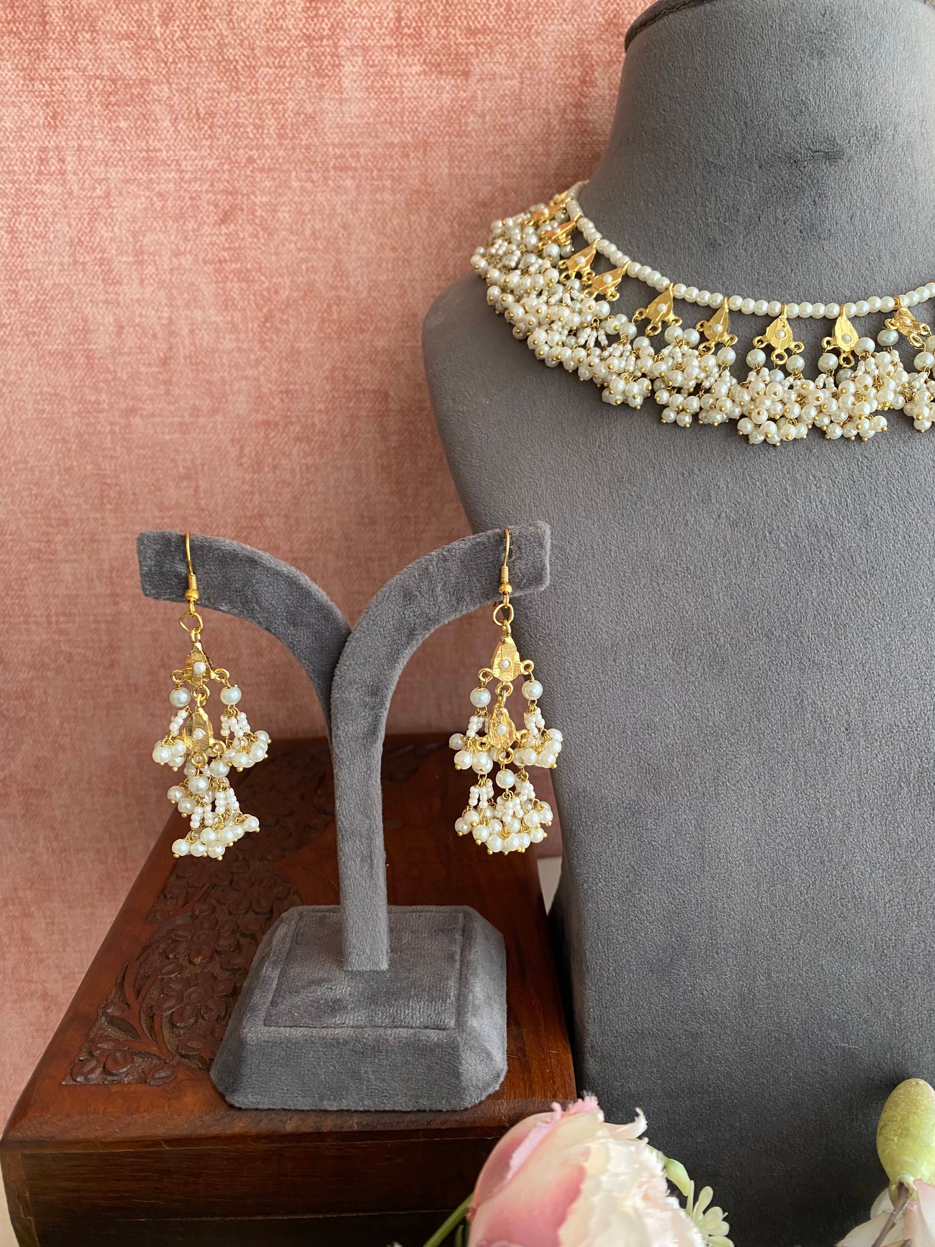 Amritsari Jadau Gold Plated Necklace set in Pearl