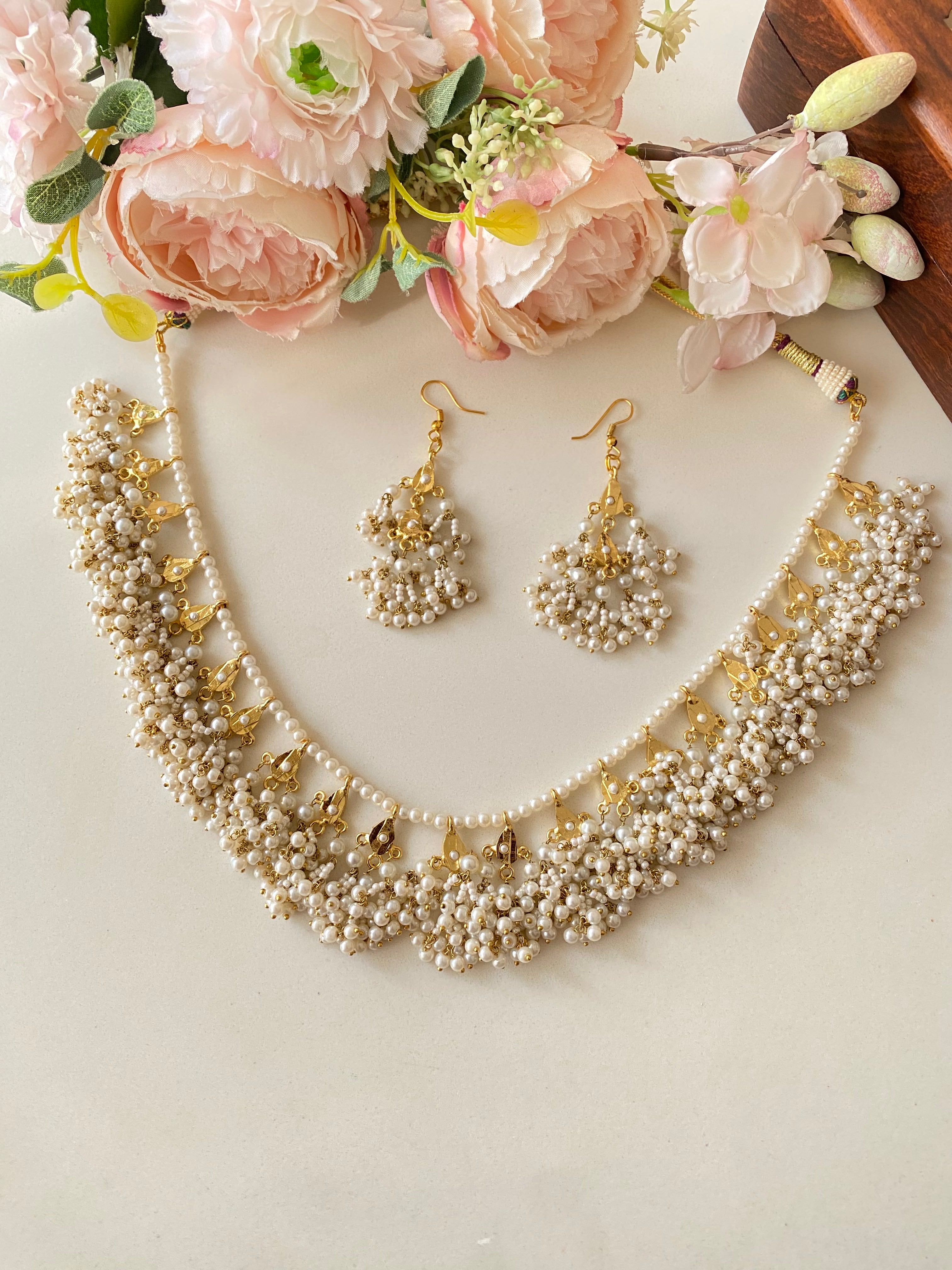 Amritsari Jadau Gold Plated Necklace set in Pearl