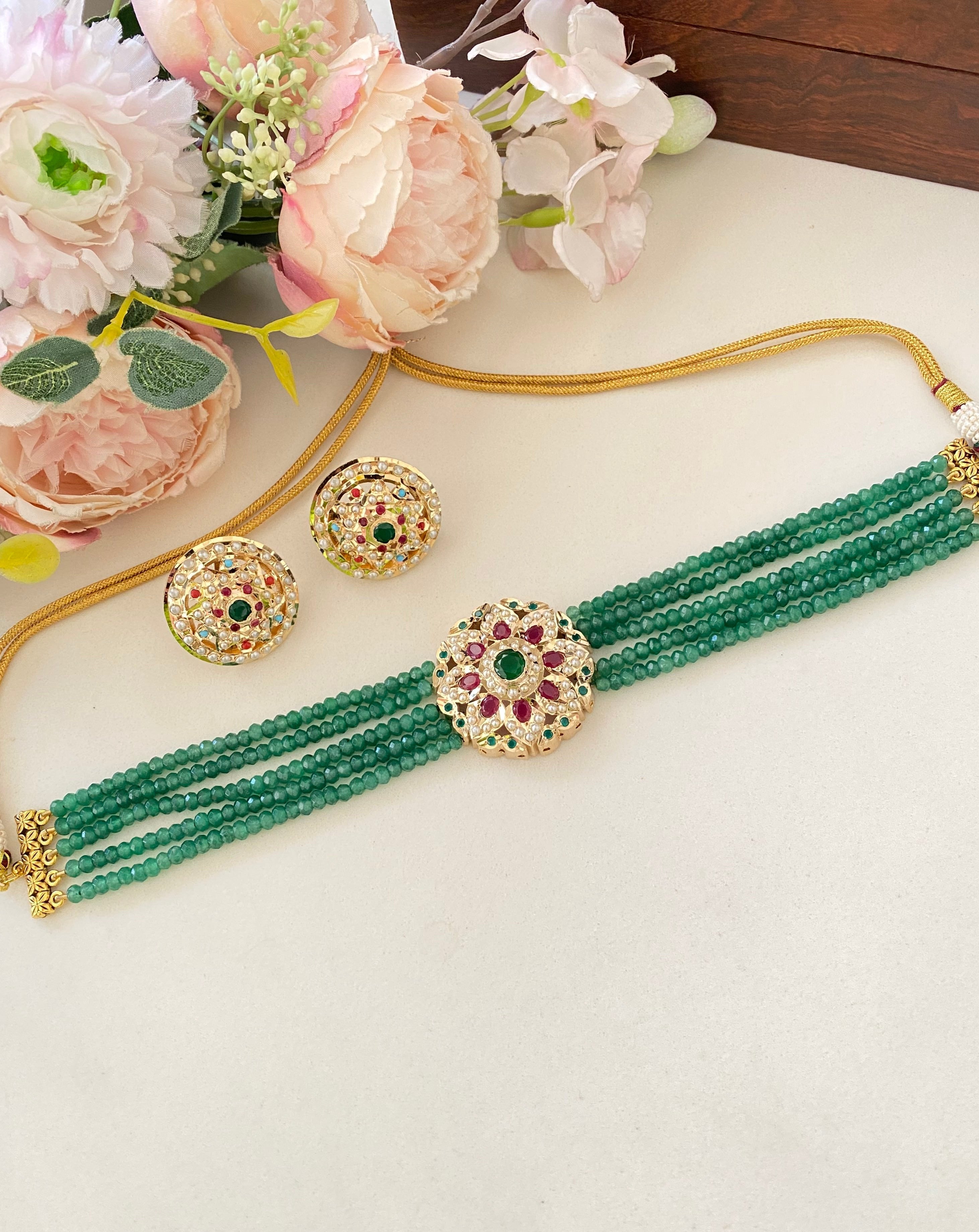 Amritsari Jadau Gold Plated Green Choker Set