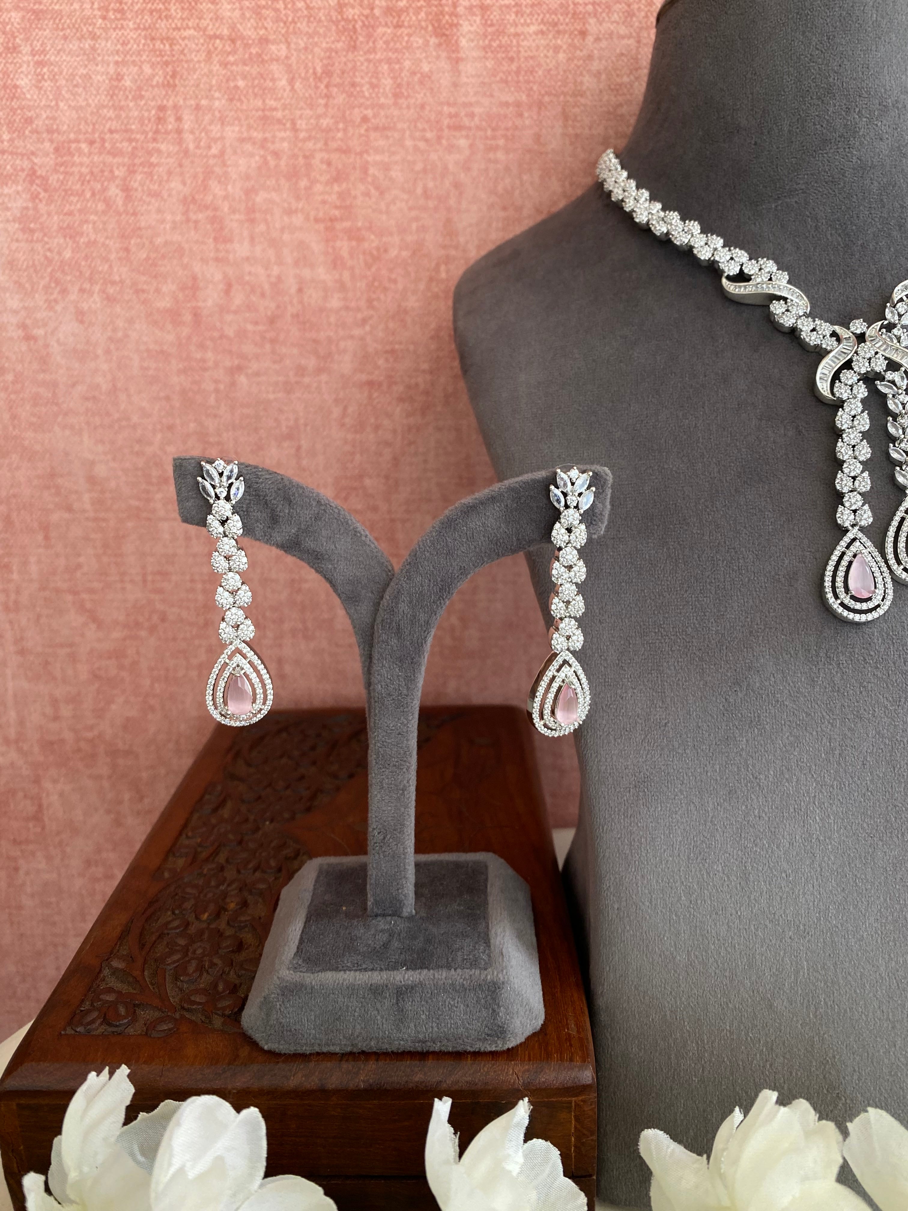 Silver Plated Emerald Diamond Necklace set