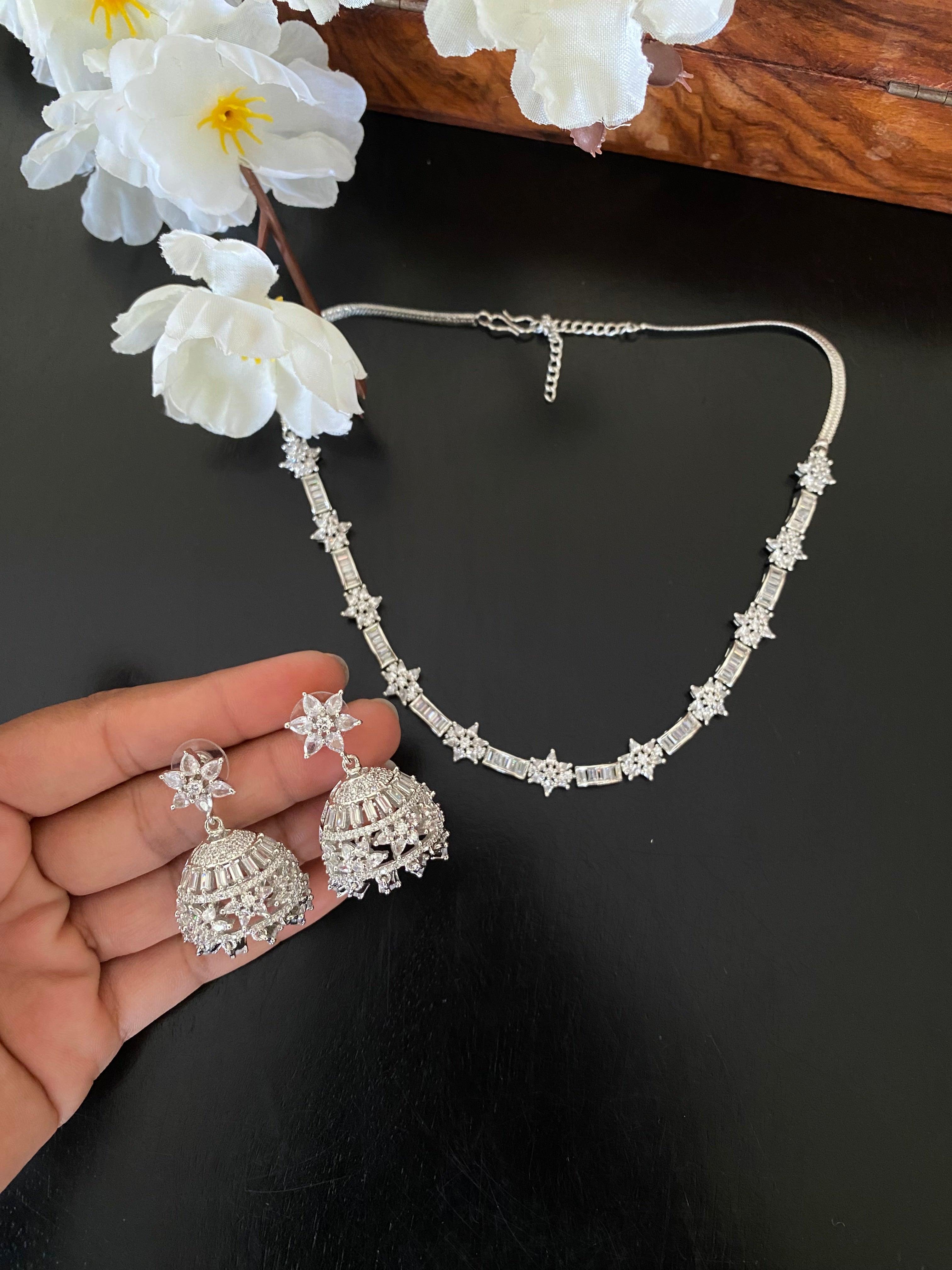 Silver Plated Diamond Necklace set