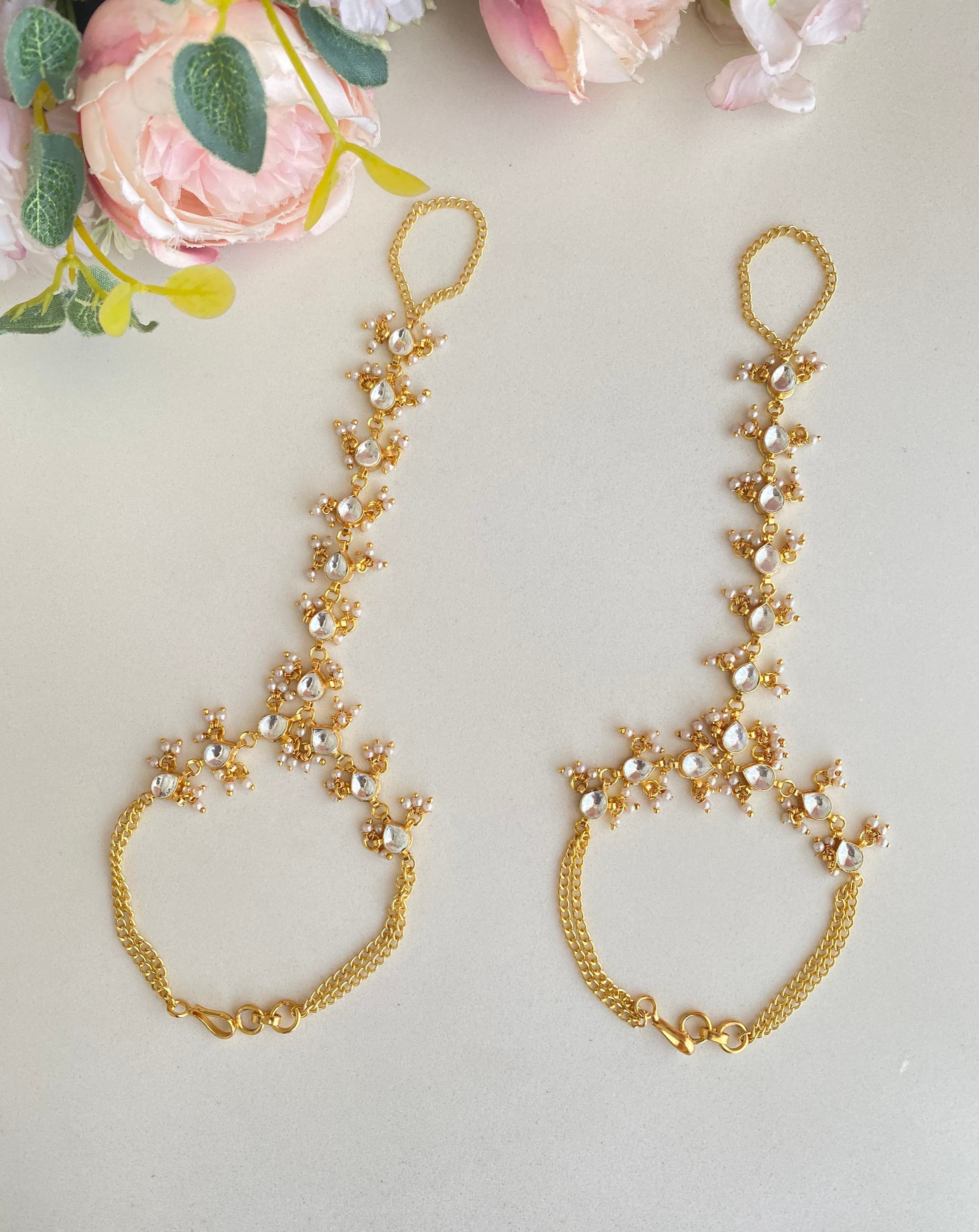 Gold plated Kundan Pearl Hathphool
