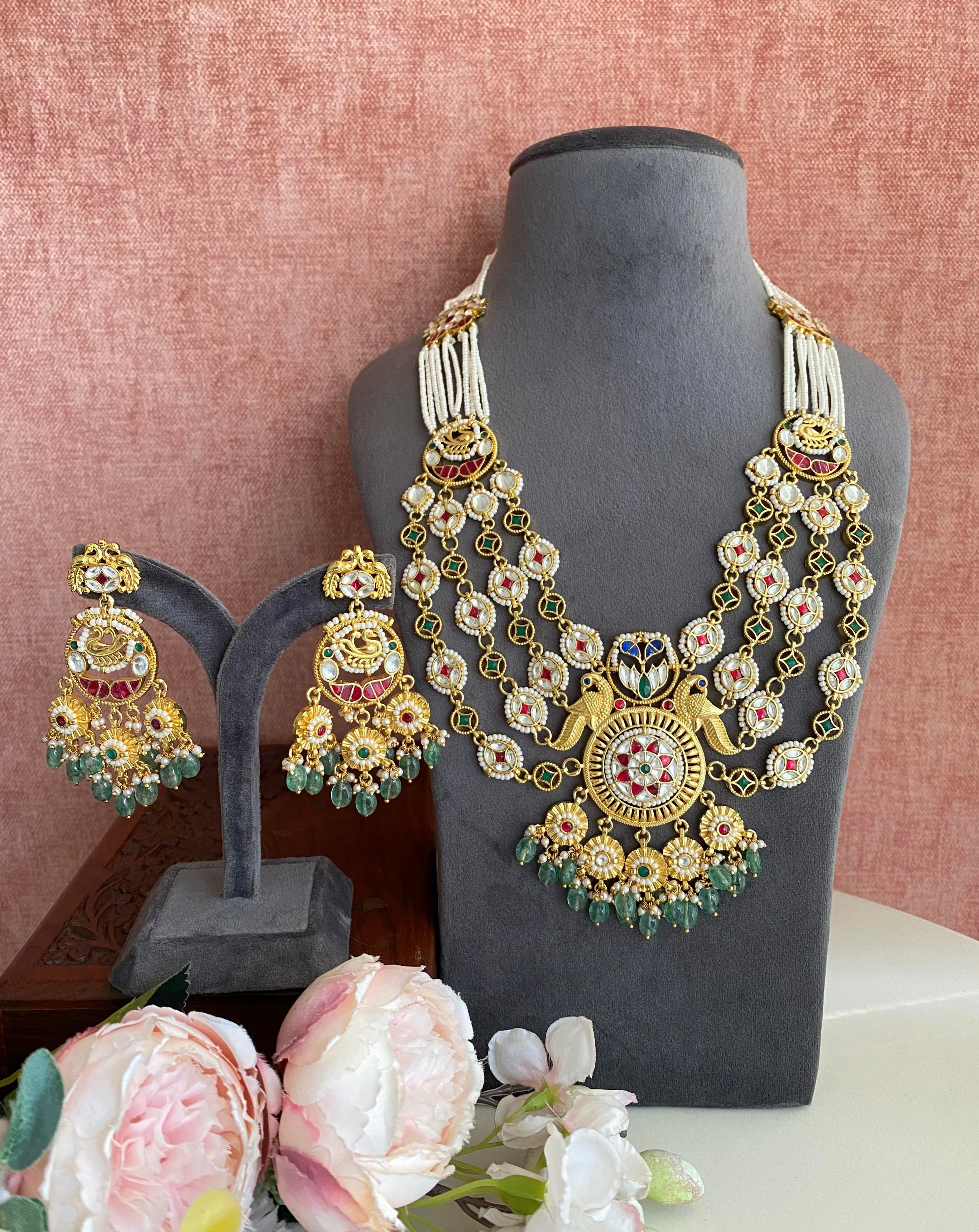 Gold Plated Kundan Long Necklace Set In Mint Drops