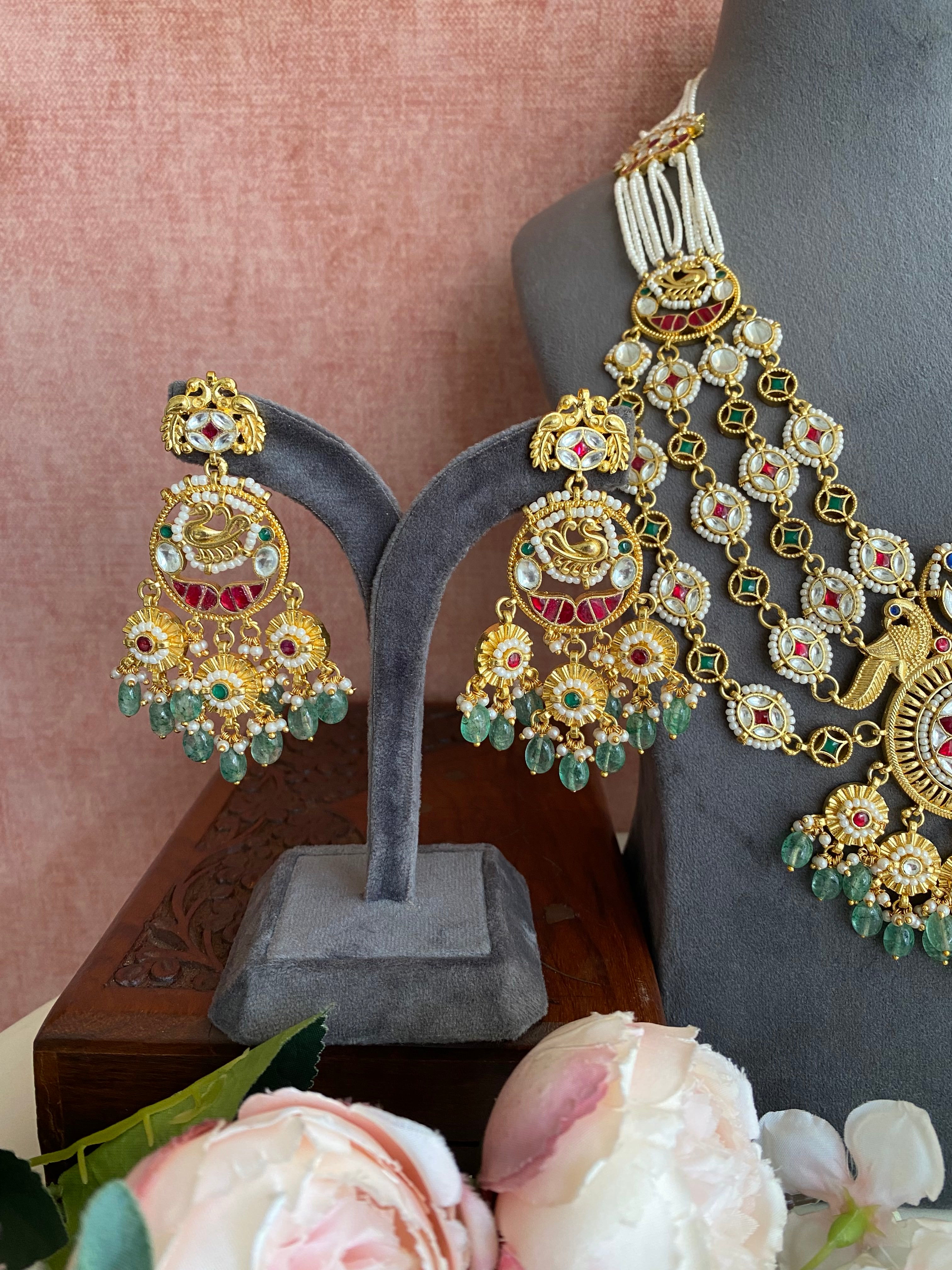 Gold Plated Kundan Long Necklace Set In Mint Drops