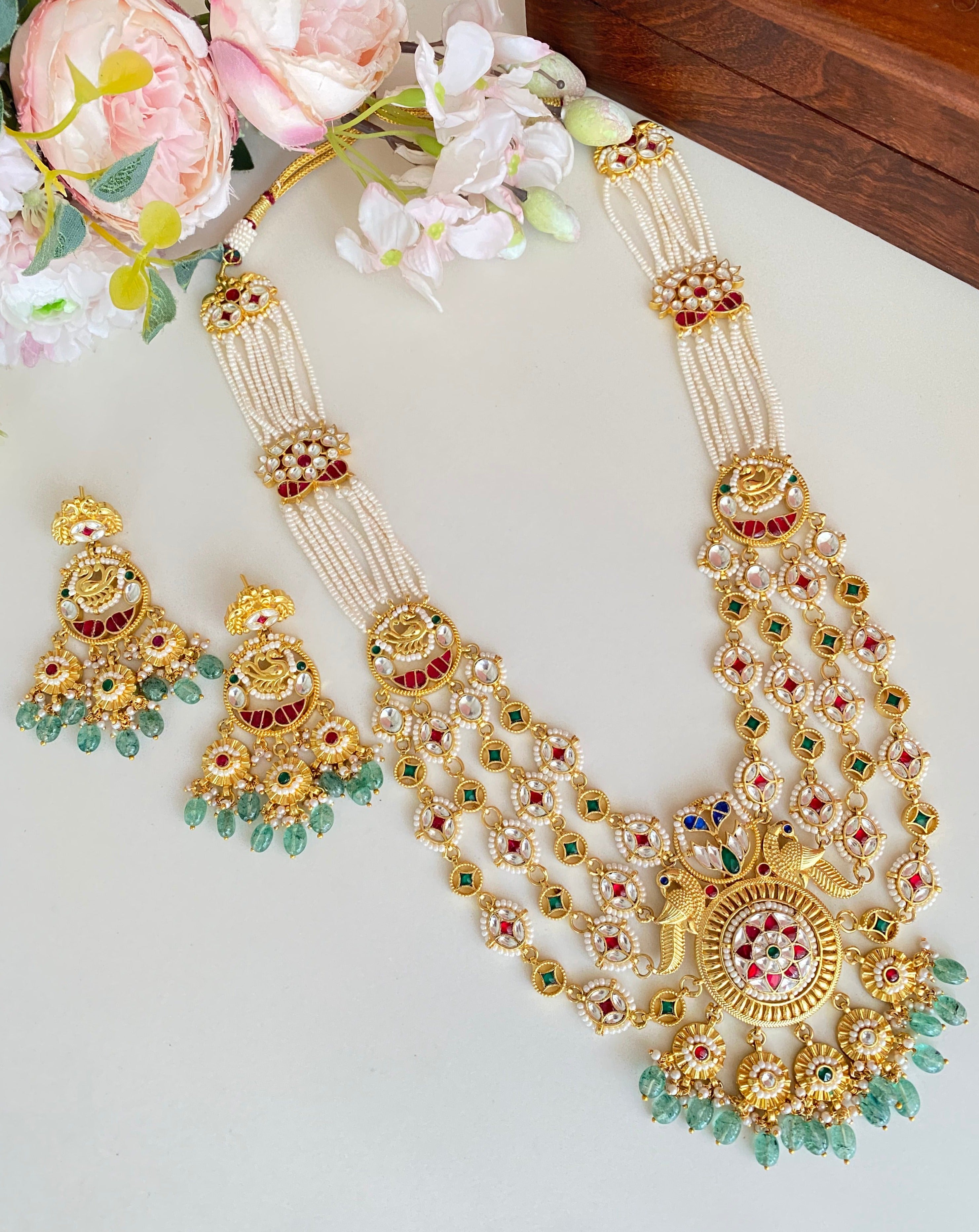 Gold Plated Kundan Long Necklace Set In Mint Drops