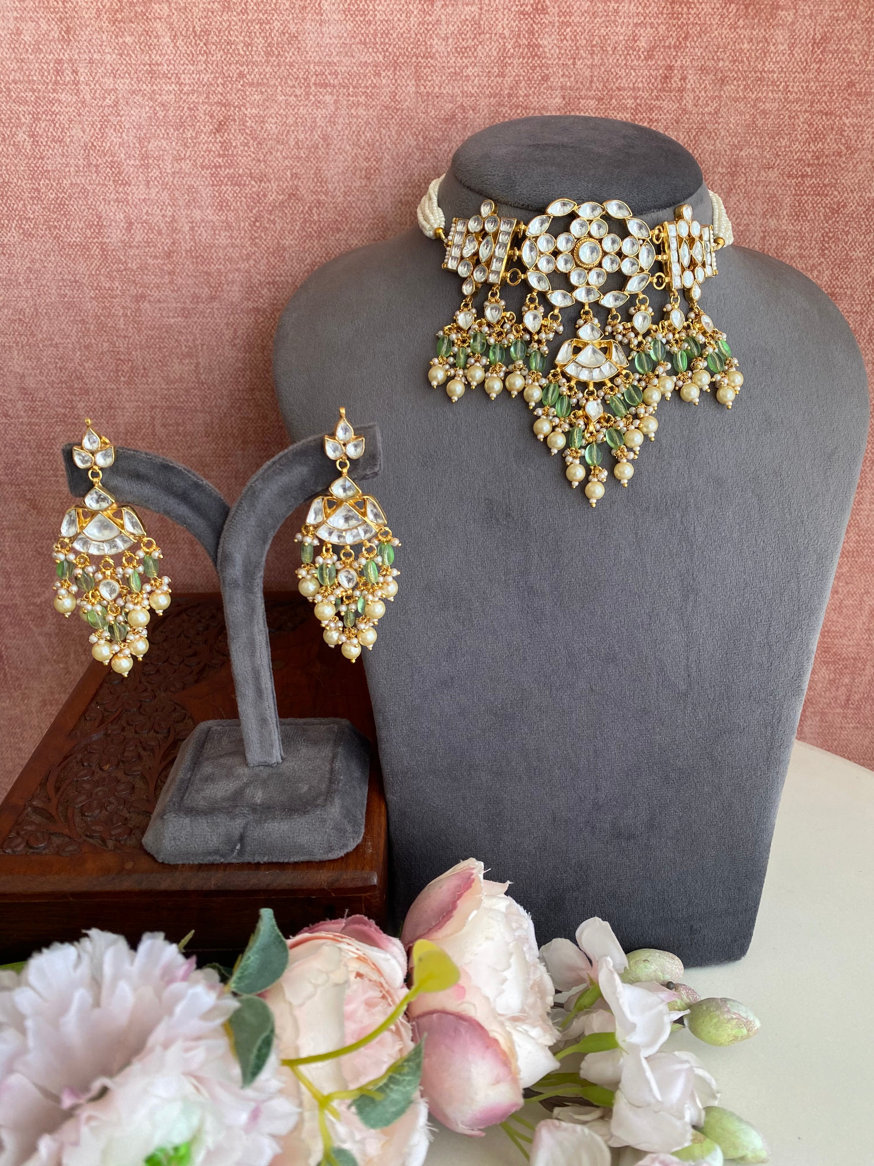 Gold plated Kundan choker set with mint drops