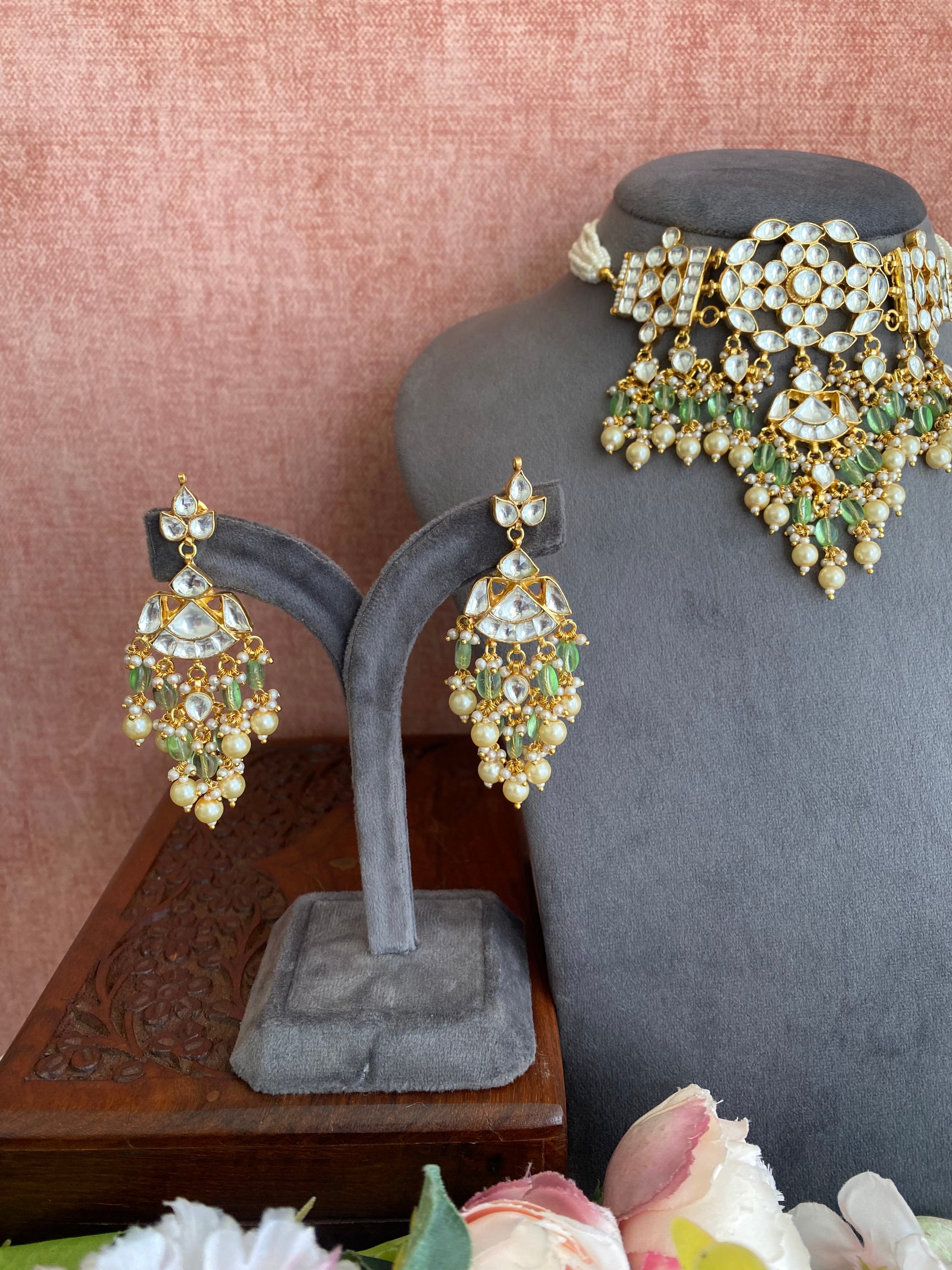 Gold plated Kundan choker set with mint drops