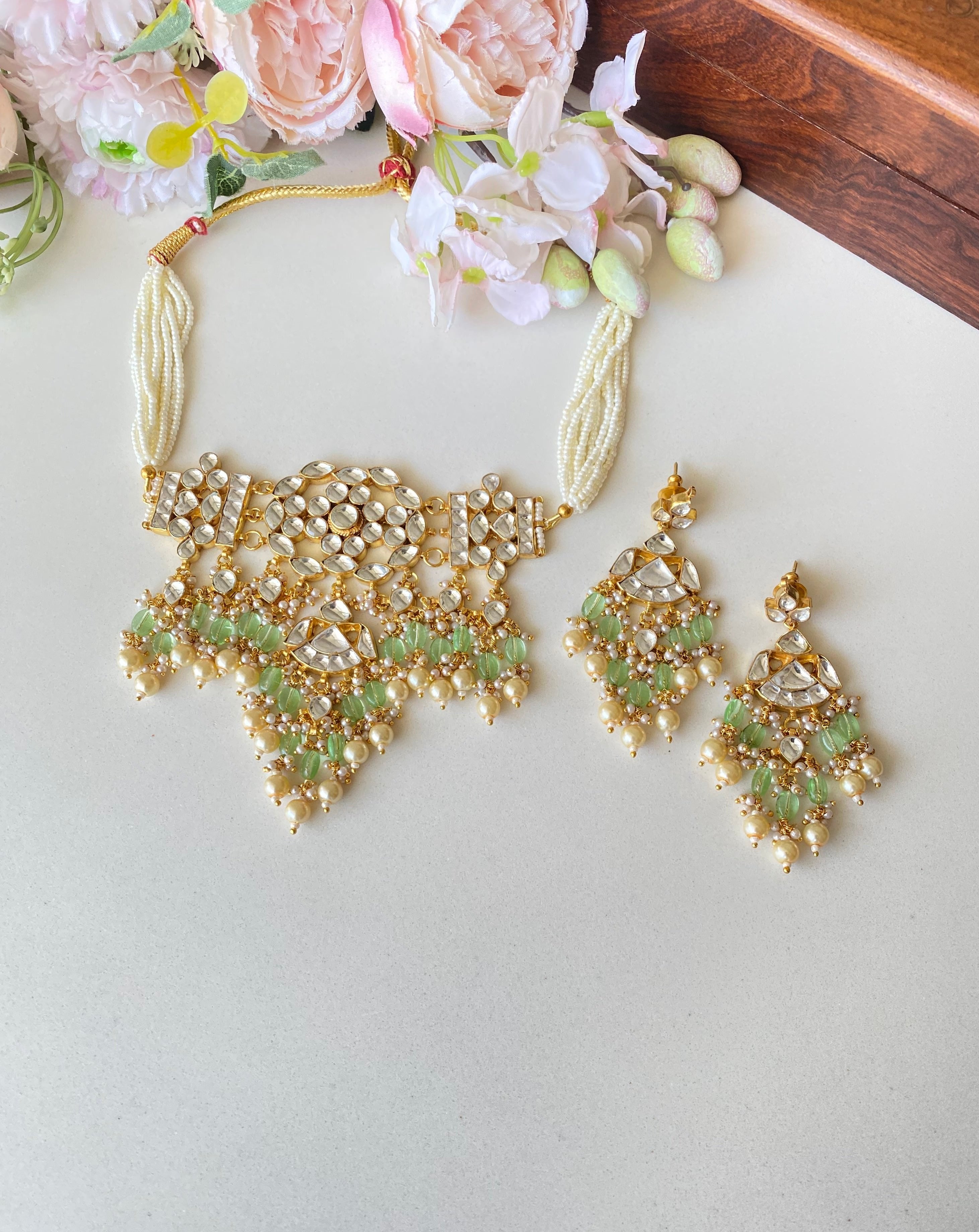 Gold plated Kundan choker set with mint drops