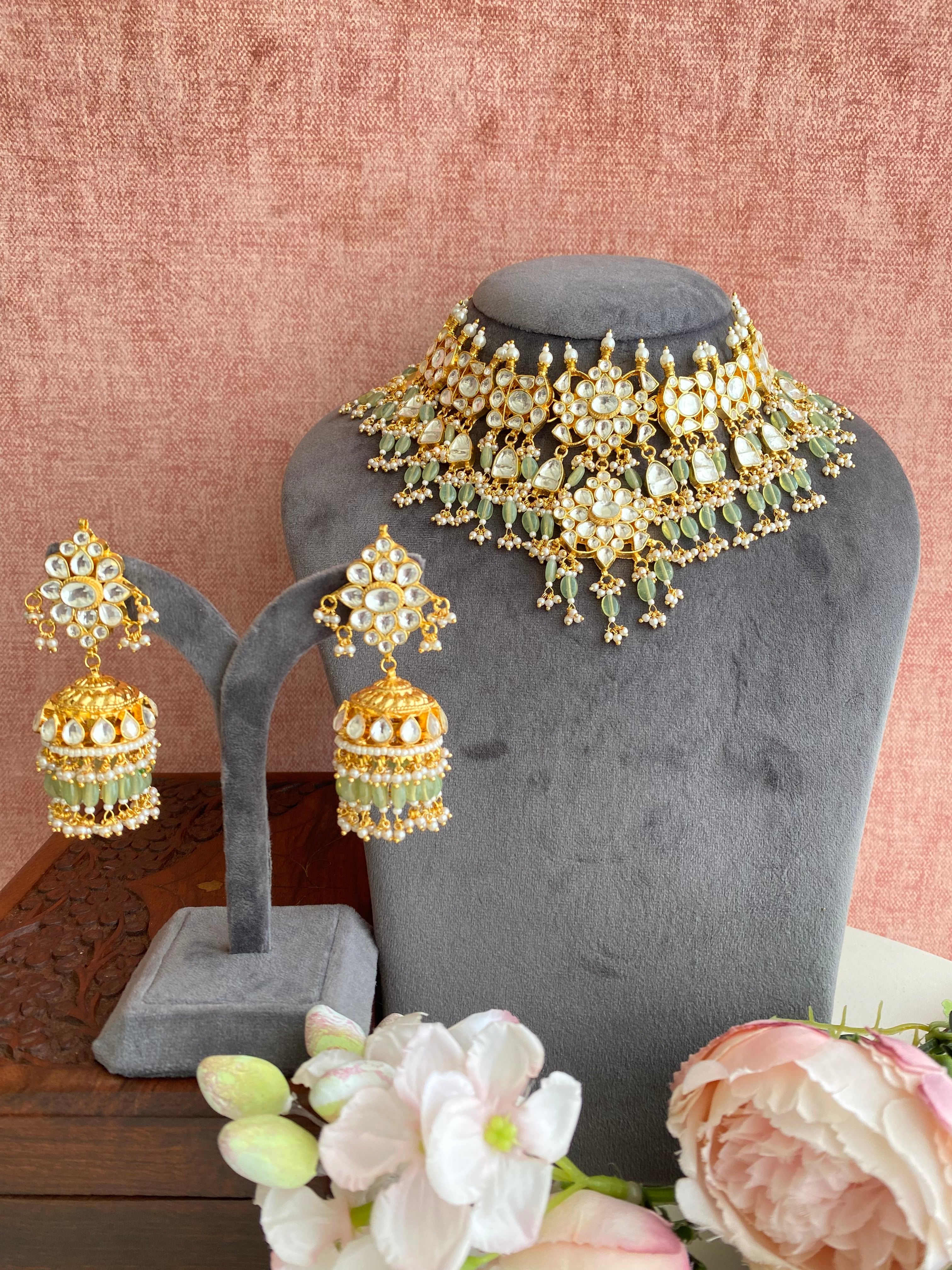 Kundan Bridal Necklace set in Mint Drops