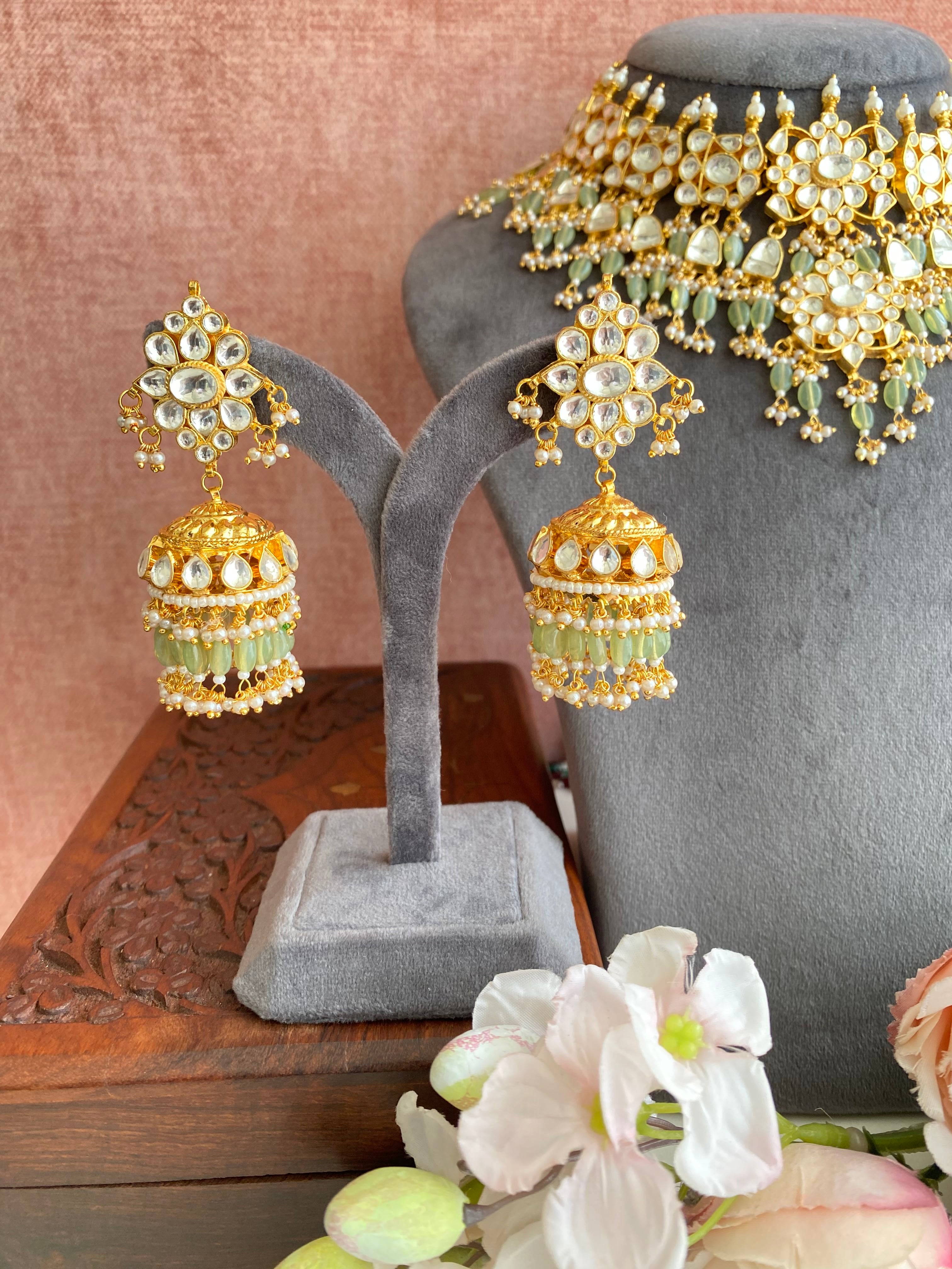 Kundan Bridal Necklace set in Mint Drops