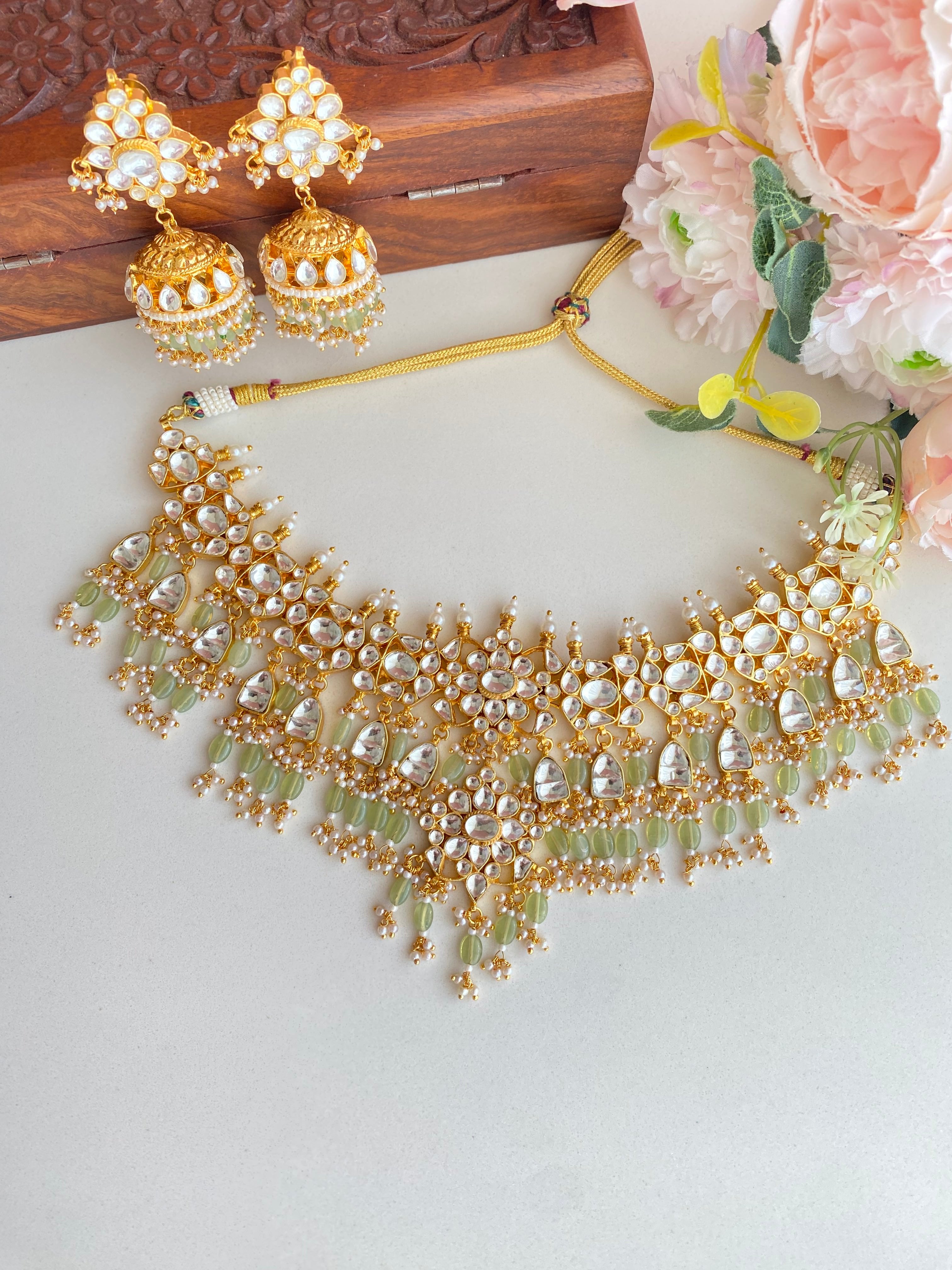 Kundan Bridal Necklace set in Mint Drops