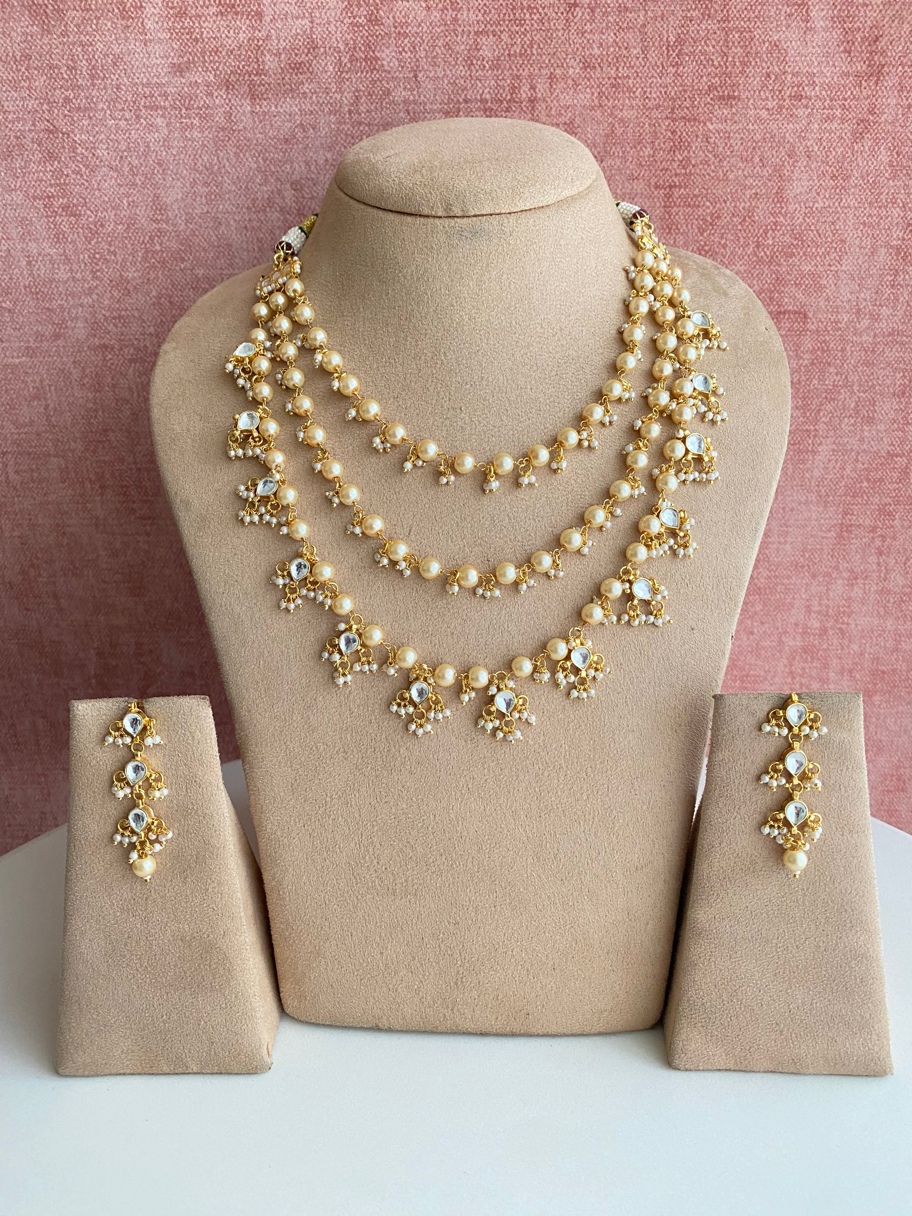 Gold Plated Kundan three line necklace set
