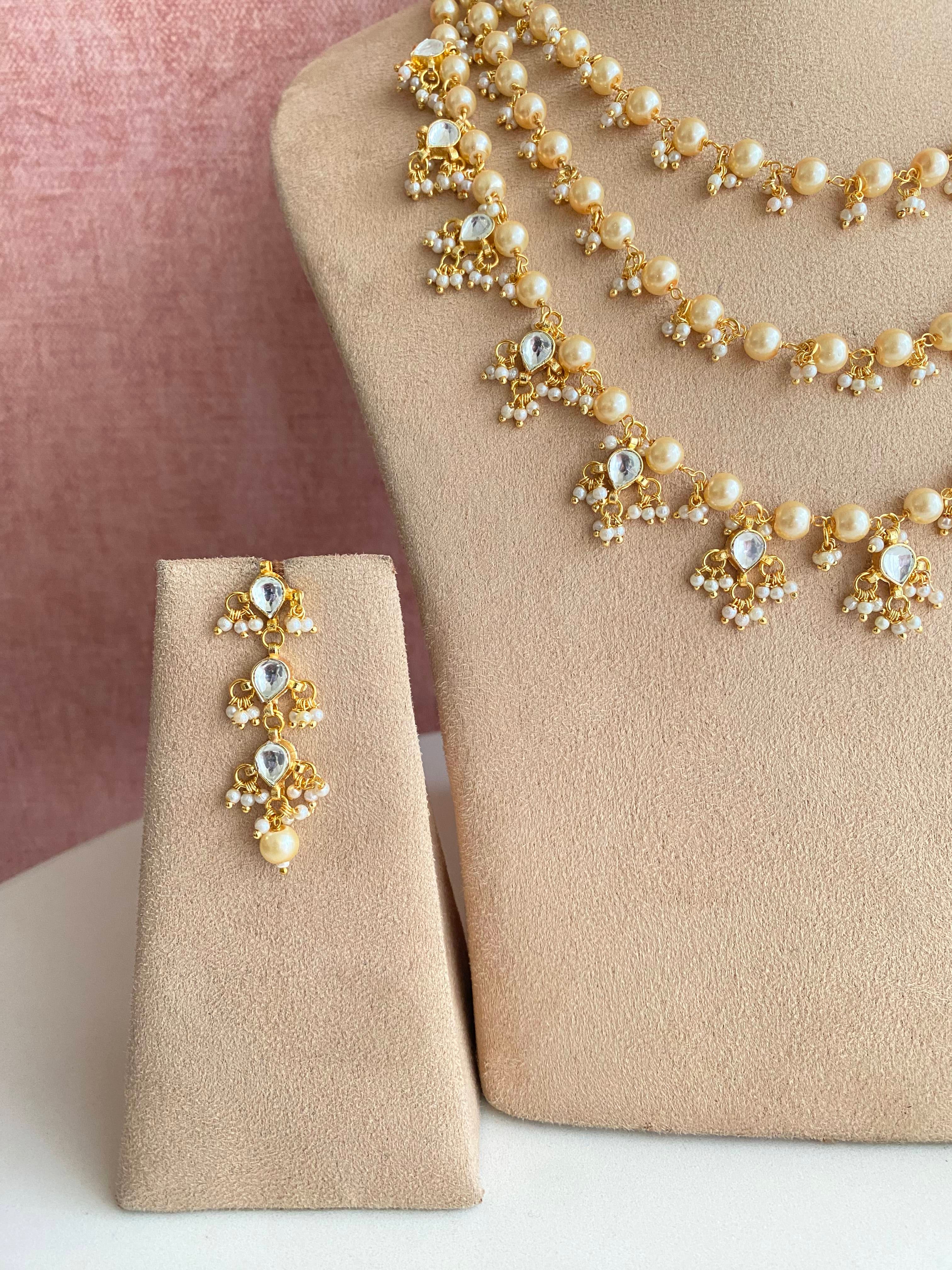 Gold Plated Kundan three line necklace set