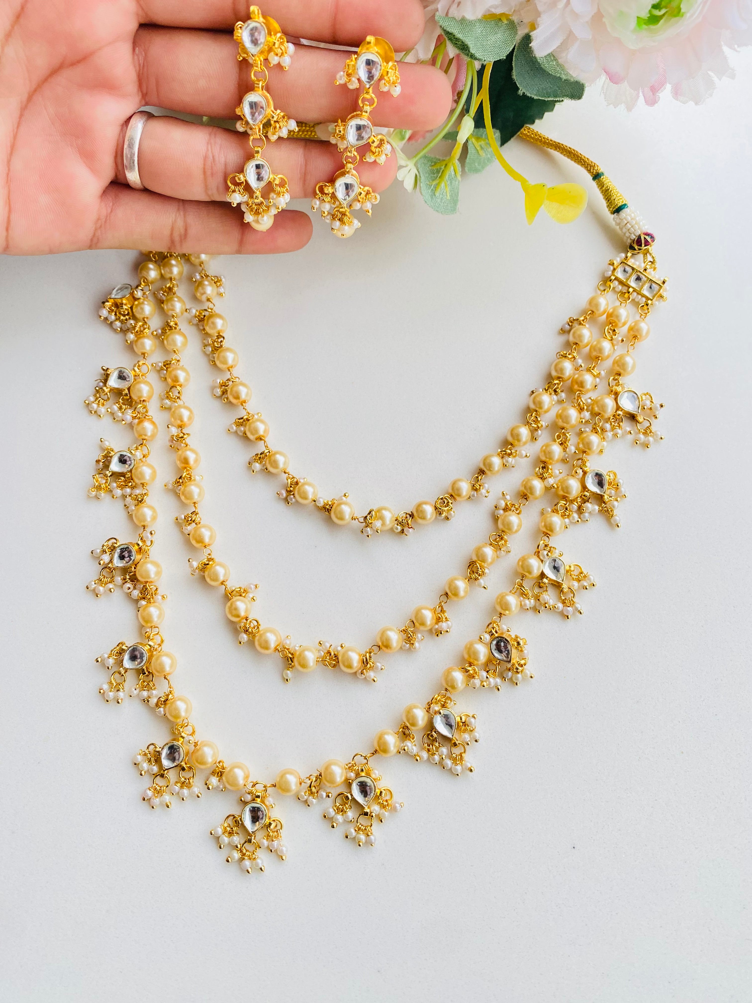 Gold Plated Kundan three line necklace set