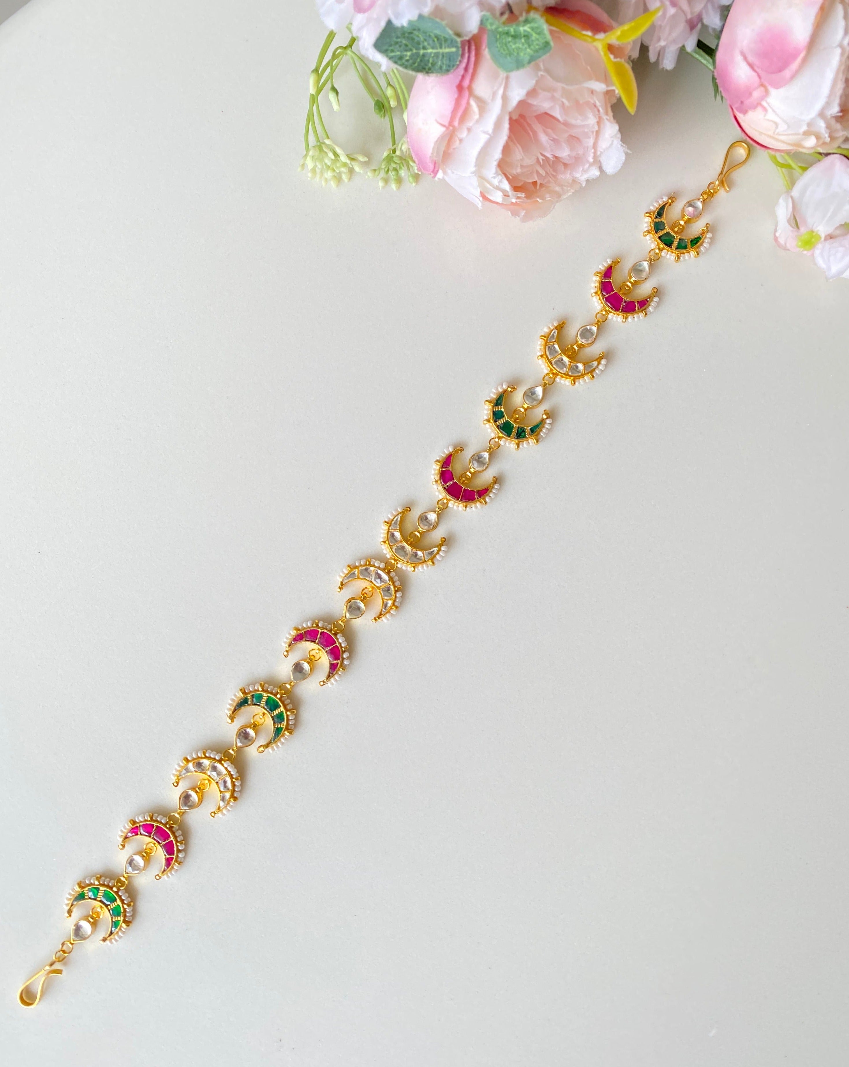 Gold Plated Pink and Green Kundan Sheeshphool