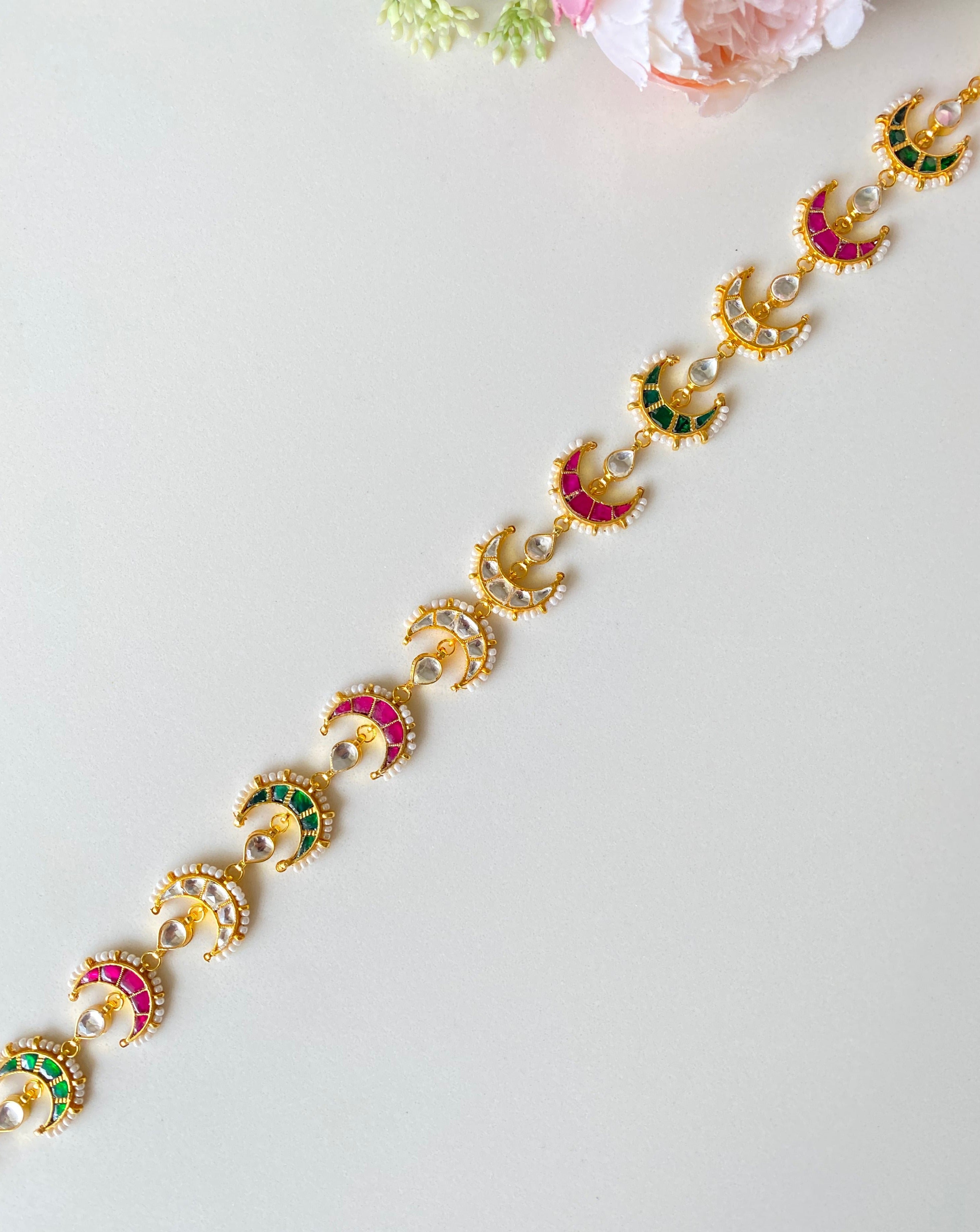 Gold Plated Pink and Green Kundan Sheeshphool