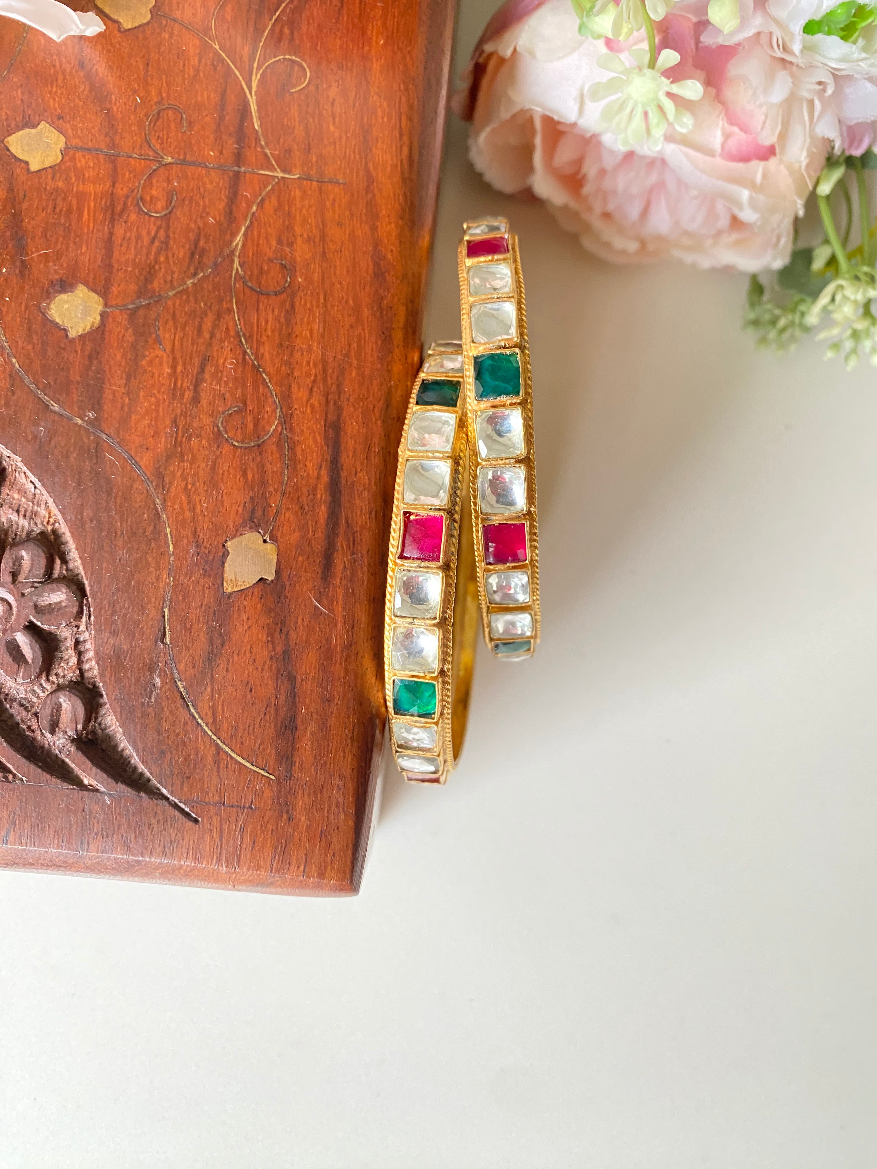 Gold Plated Pink and green Kundan Bangles