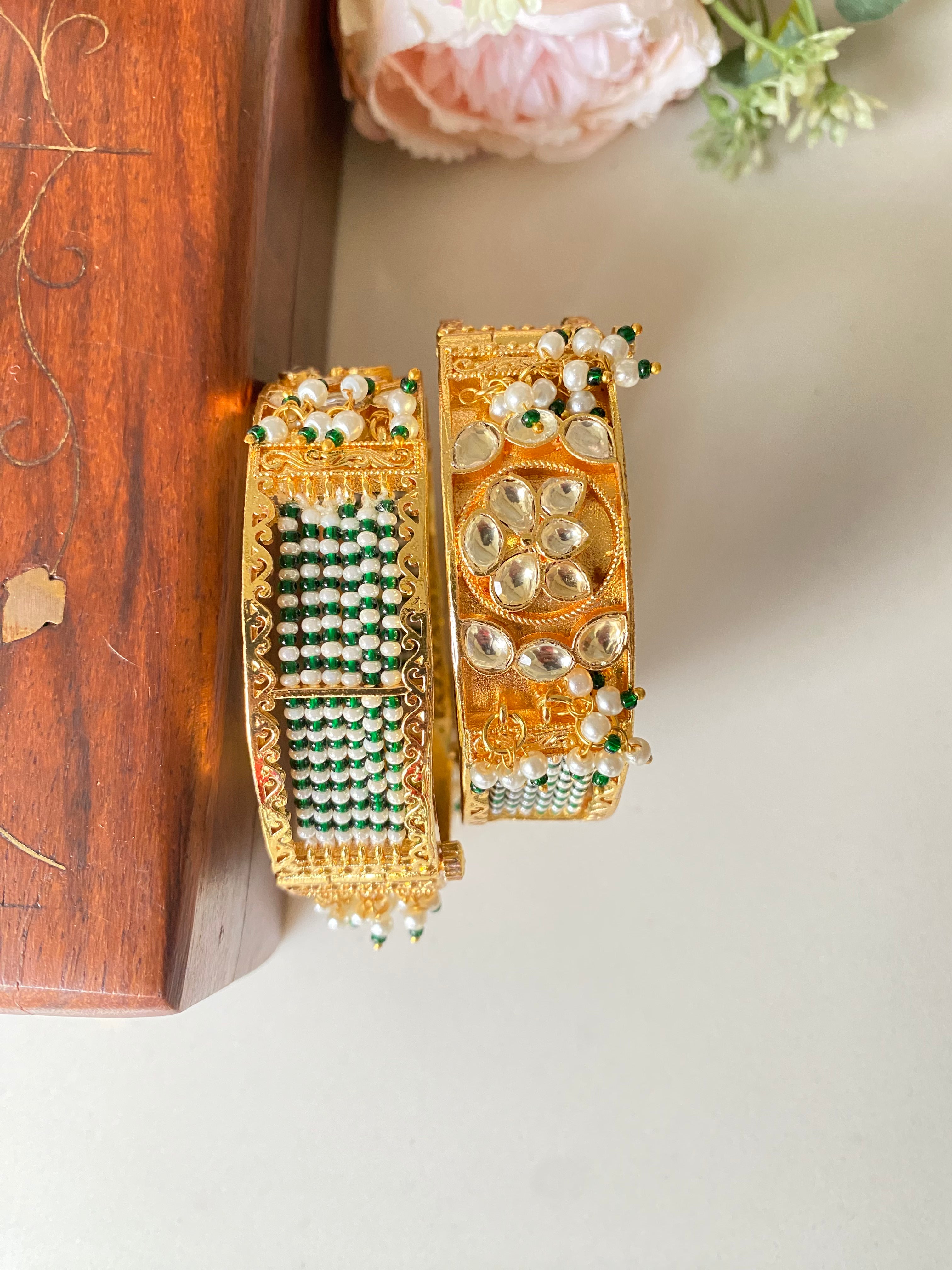 Gold plated Kundan Bangle in Green pearl detailing