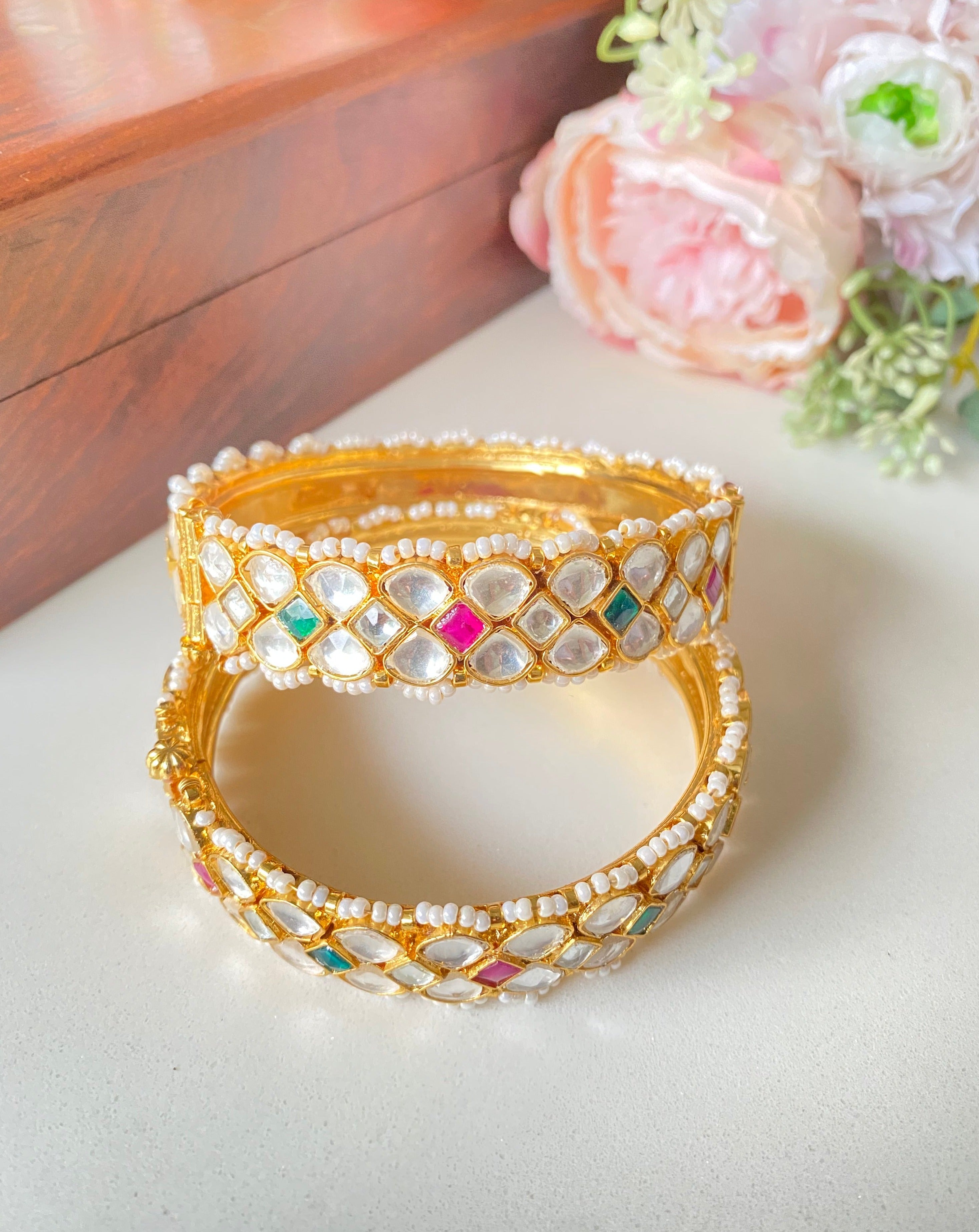 Gold Plated Pink and green Kundan Bangles