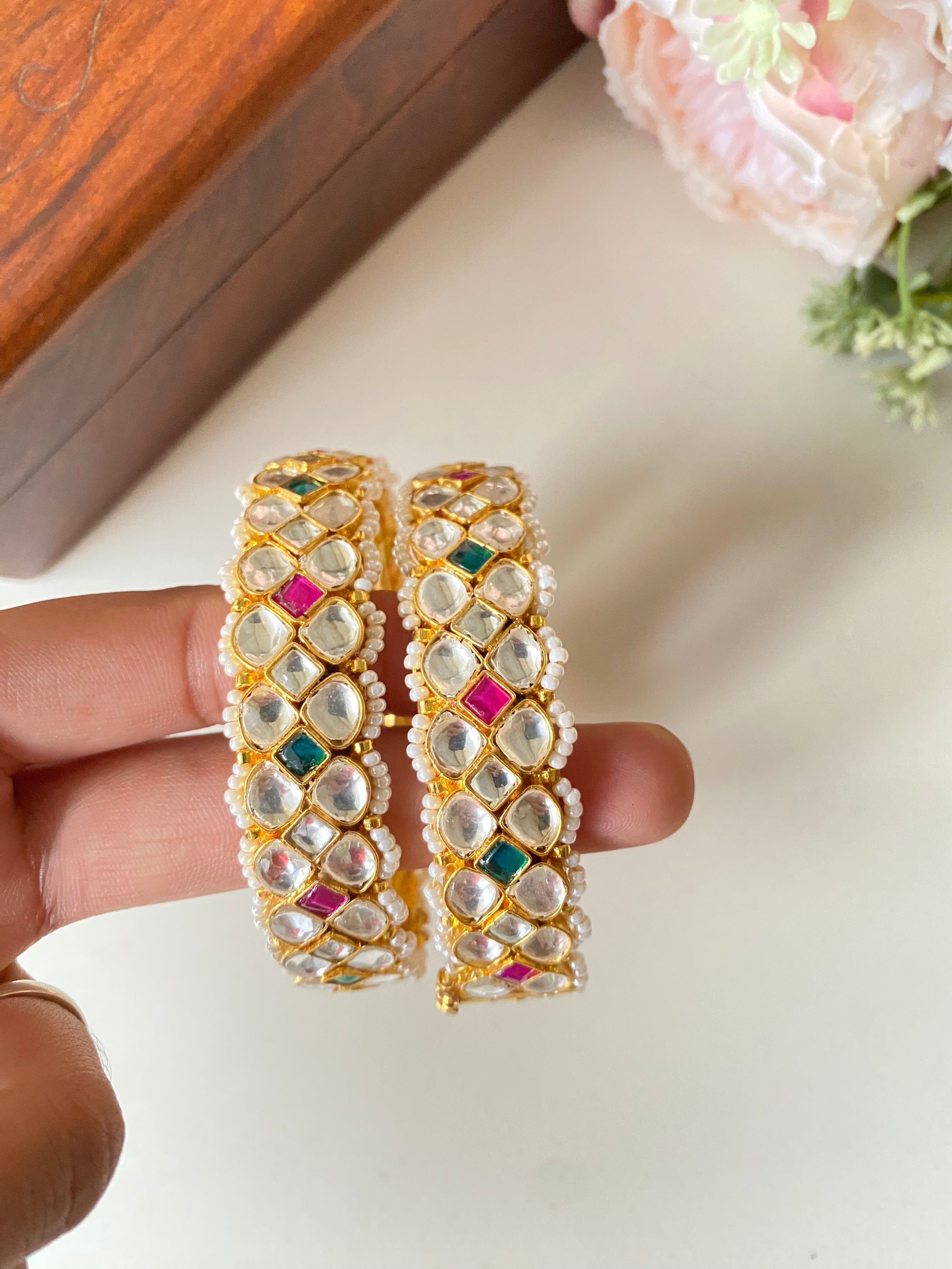 Gold Plated Pink and green Kundan Bangles