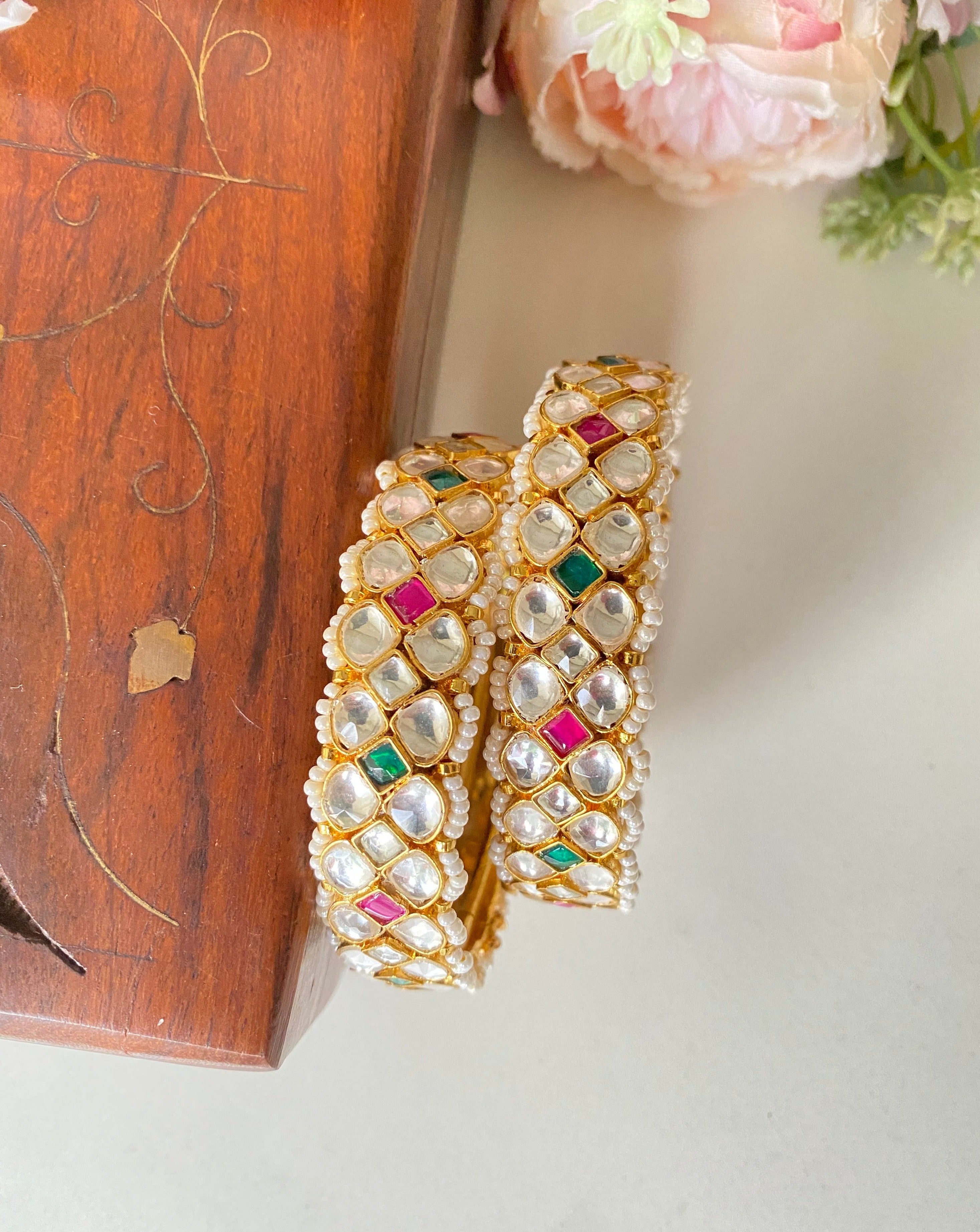Gold Plated Pink and green Kundan Bangles